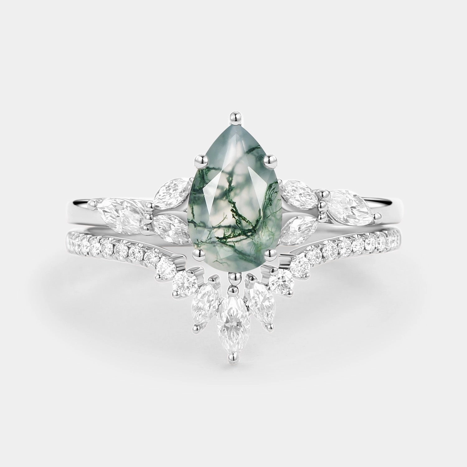 Pear Cut Moss Agate White Gold Engagement Ring Set 2pcs - July Artisan Item Beautiful Item