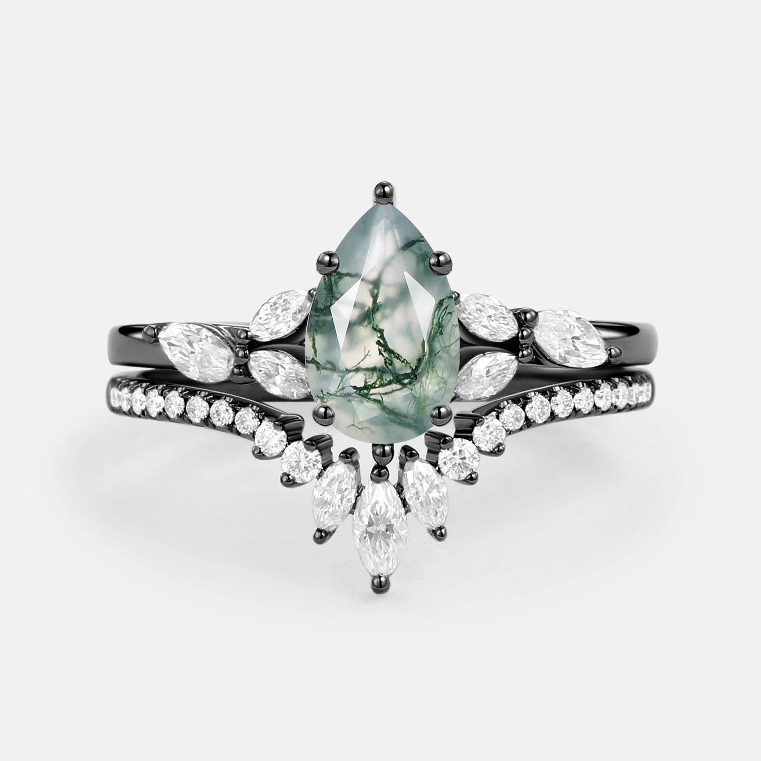Ornate Creation Minimal Gift Pear Cut Moss Agate White Gold Engagement Ring Set 2pcs - July