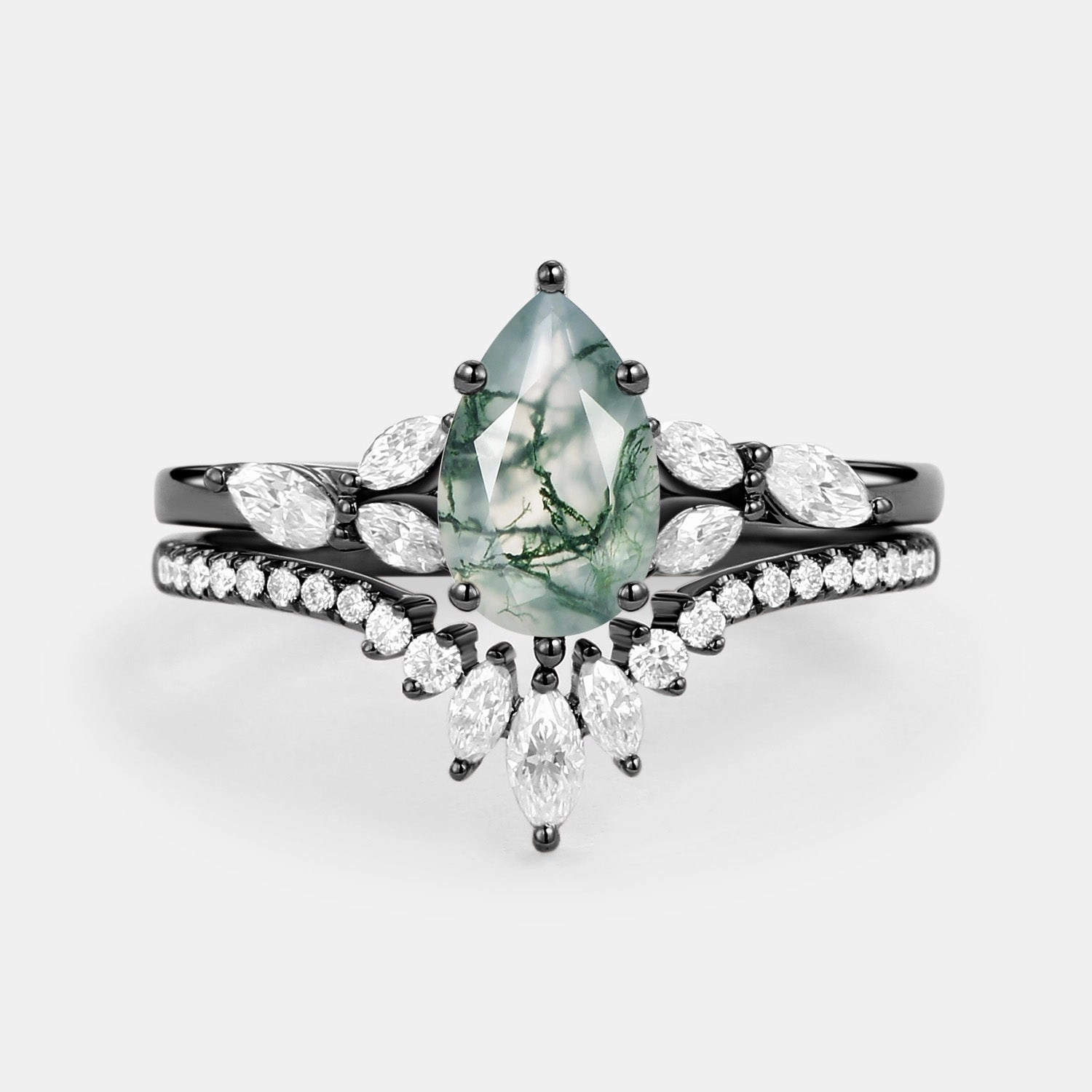 Pear Cut Moss Agate White Gold Engagement Ring Set 2pcs - July Modern Detail Flirty Accent
