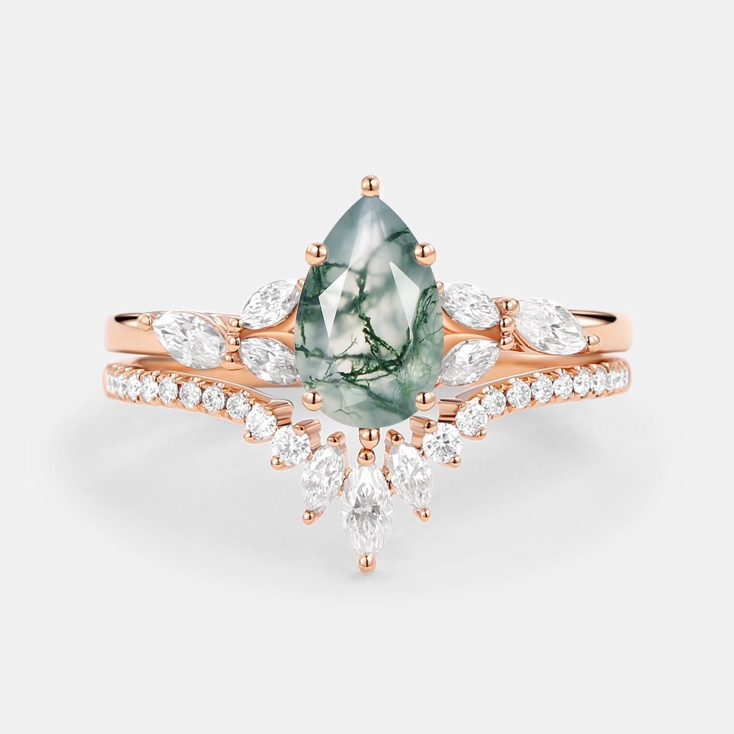 Formal Night Studio Shot Pear Cut Moss Agate White Gold Engagement Ring Set 2pcs - July