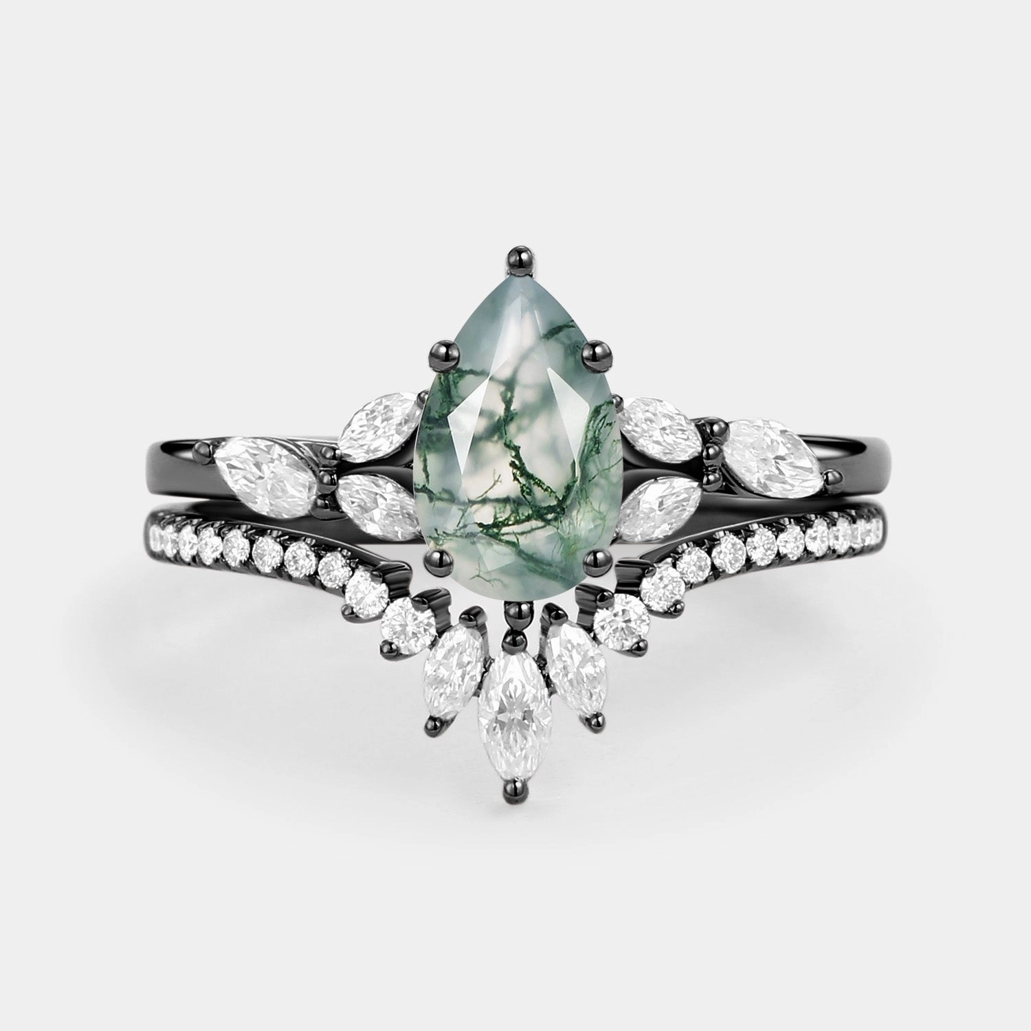 Daily Accessories Dainty Spark Pear Cut Moss Agate White Gold Engagement Ring Set 2pcs - July