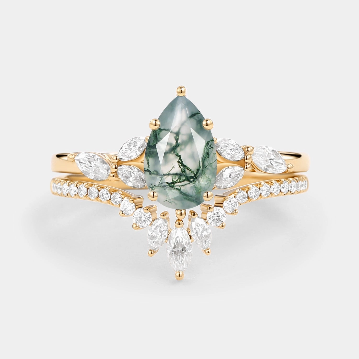 Pear Cut Moss Agate White Gold Engagement Ring Set 2pcs - July Sparkling Ornament