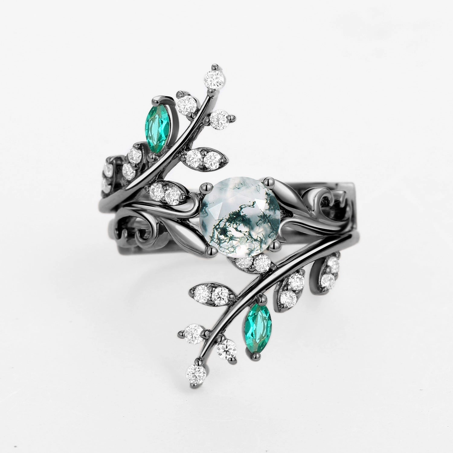 Round Shaped Moss Agate & Emerald Engagement Ring Sets 2PCS Handcrafted Detail