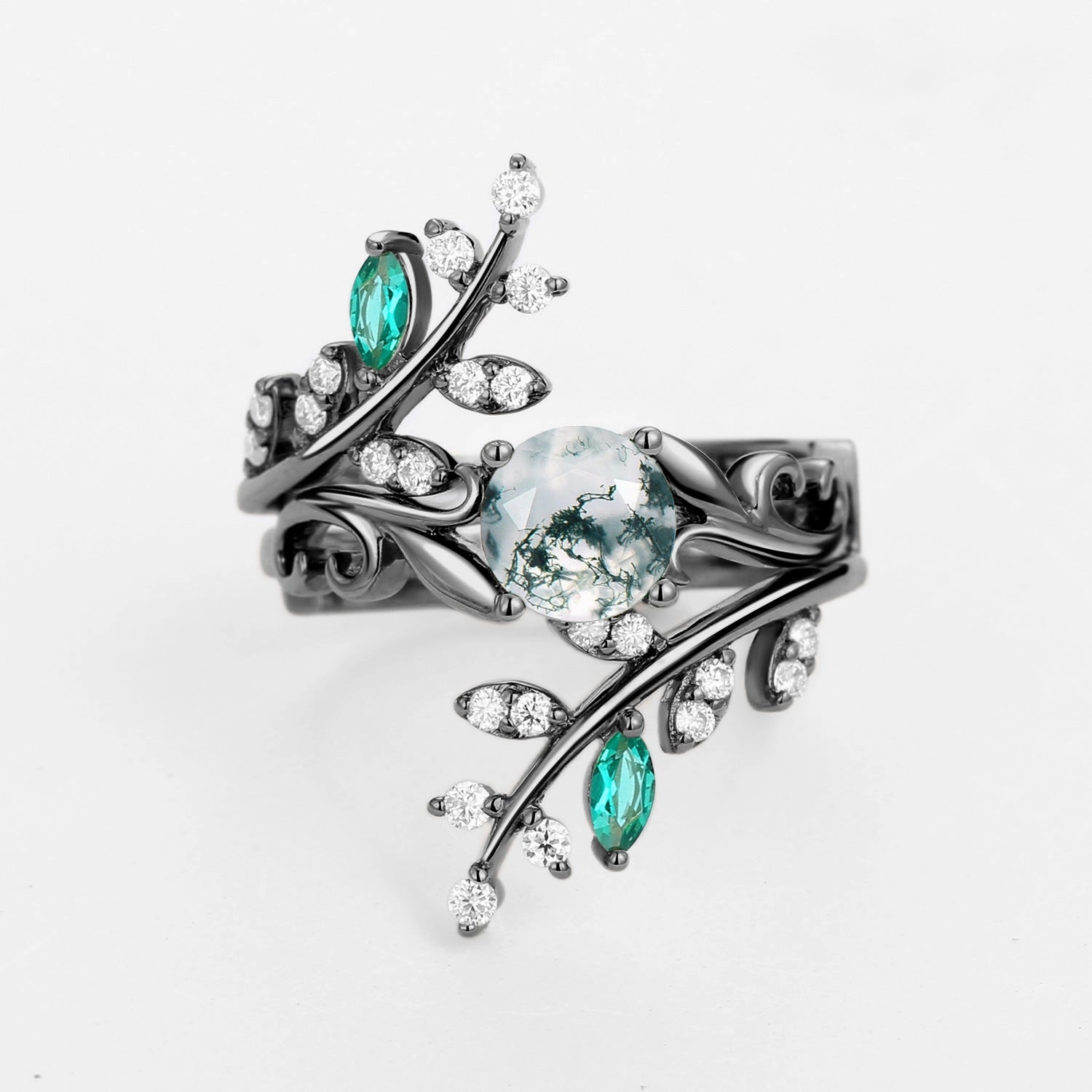 Round Shaped Moss Agate & Emerald Engagement Ring Sets 2PCS Wedding accessory