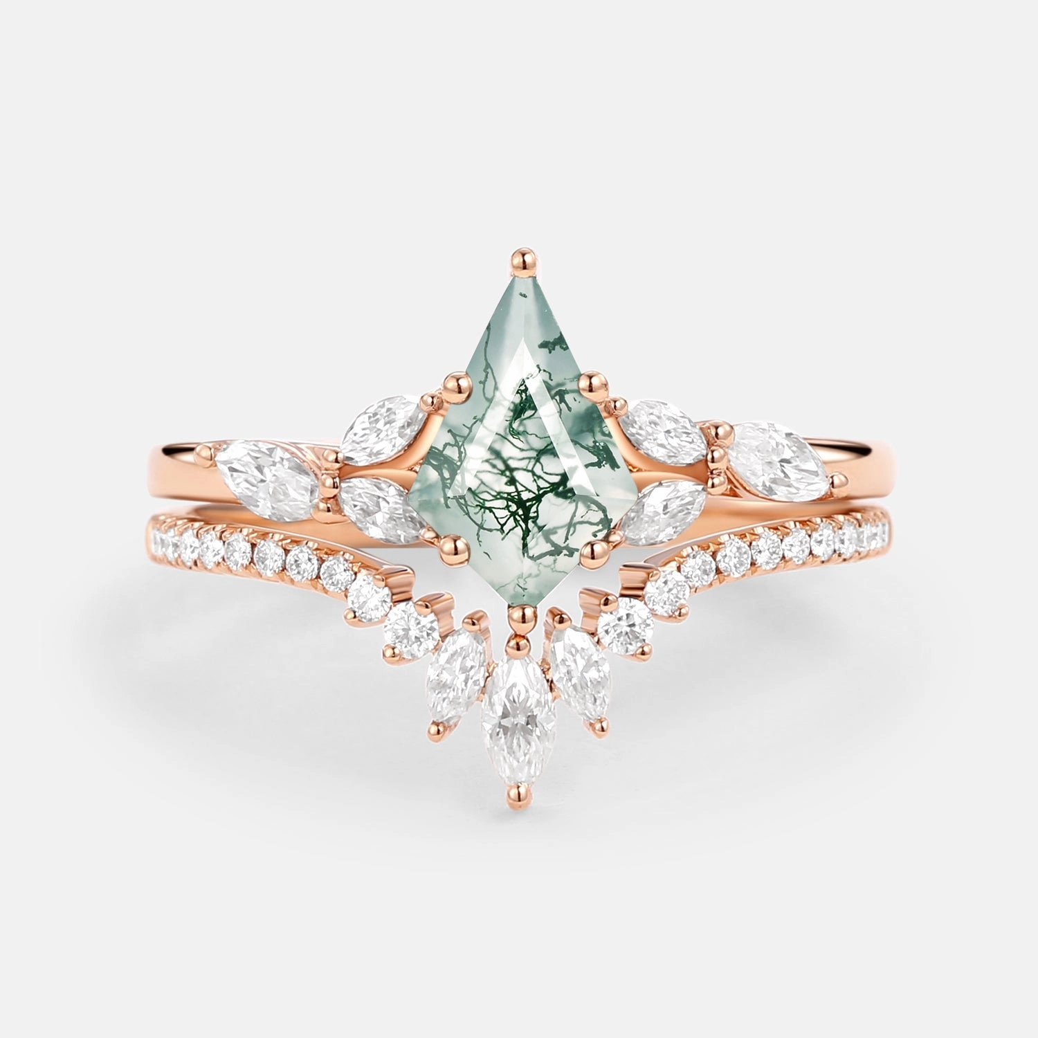 Evening Gift Kite Cut Moss Agate White Gold Engagement Ring Set 2pcs - July