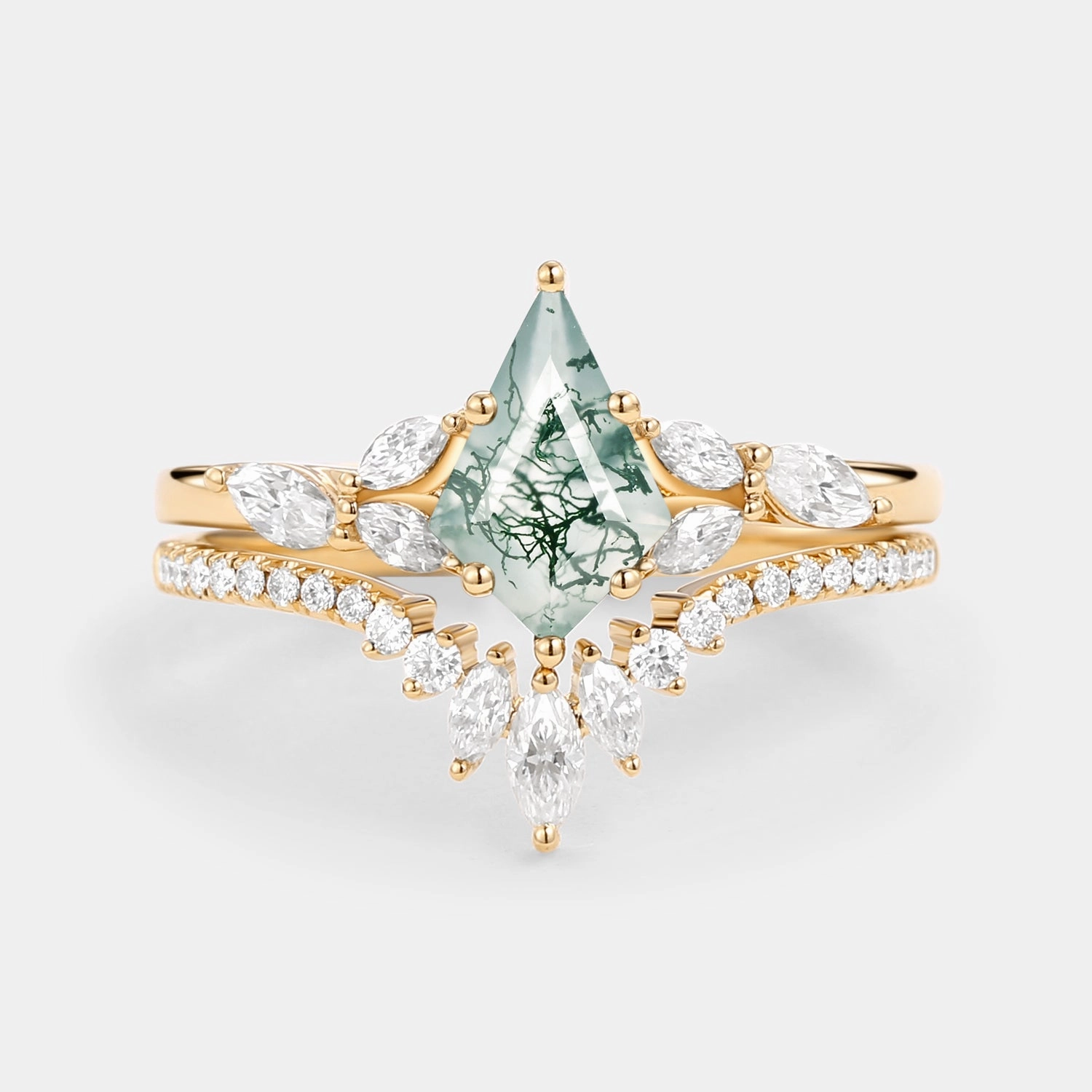Chic Present Branded Statement Kite Cut Moss Agate White Gold Engagement Ring Set 2pcs - July