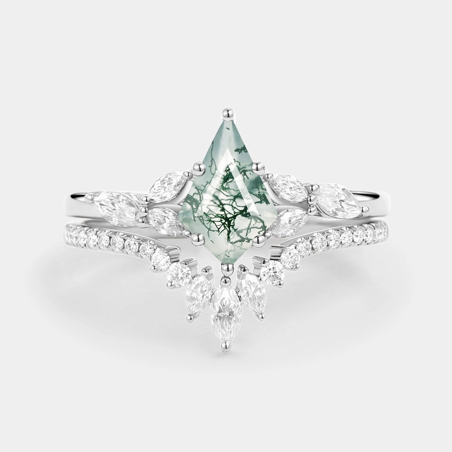 High-End Embellishment Modern Balance Kite Cut Moss Agate White Gold Engagement Ring Set 2pcs - July