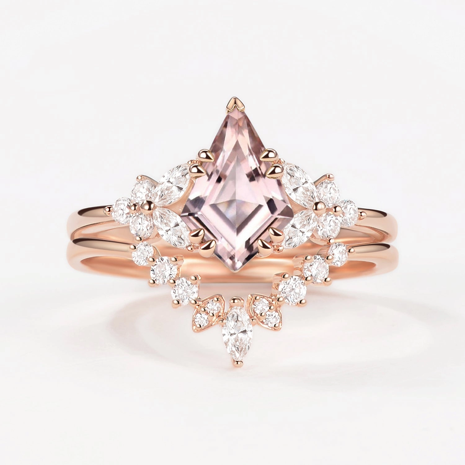 Bride Jewelry Kite Cut Morganite Flower Art-Deco Engagement Ring Set 2pcs