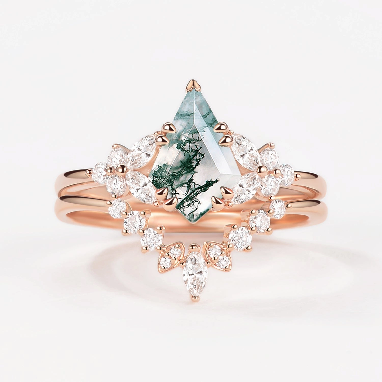 Kite Cut Morganite Flower Art-Deco Engagement Ring Set 2pcs Glitter Accent Graceful Style