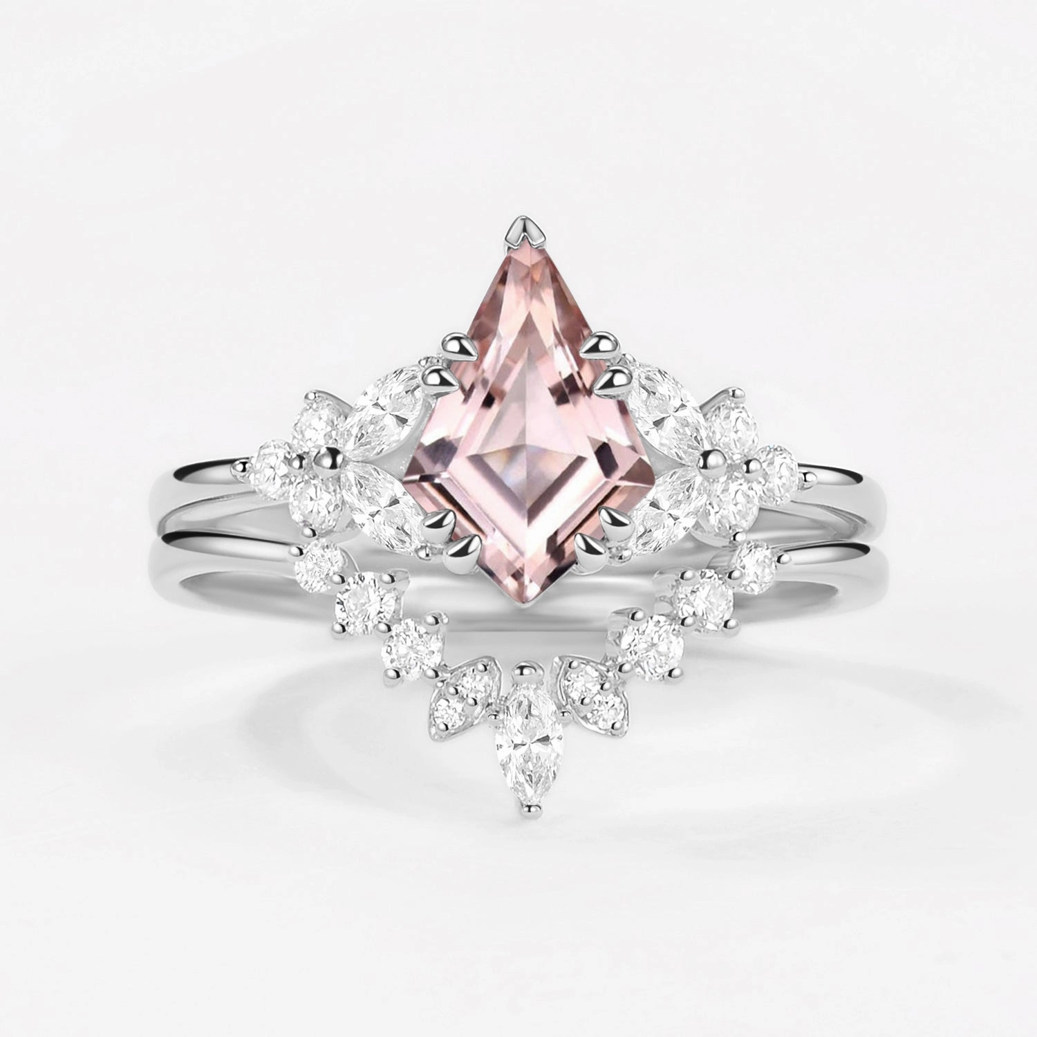 Kite Cut Morganite Flower Art-Deco Engagement Ring Set 2pcs Exclusive item Excellent Style