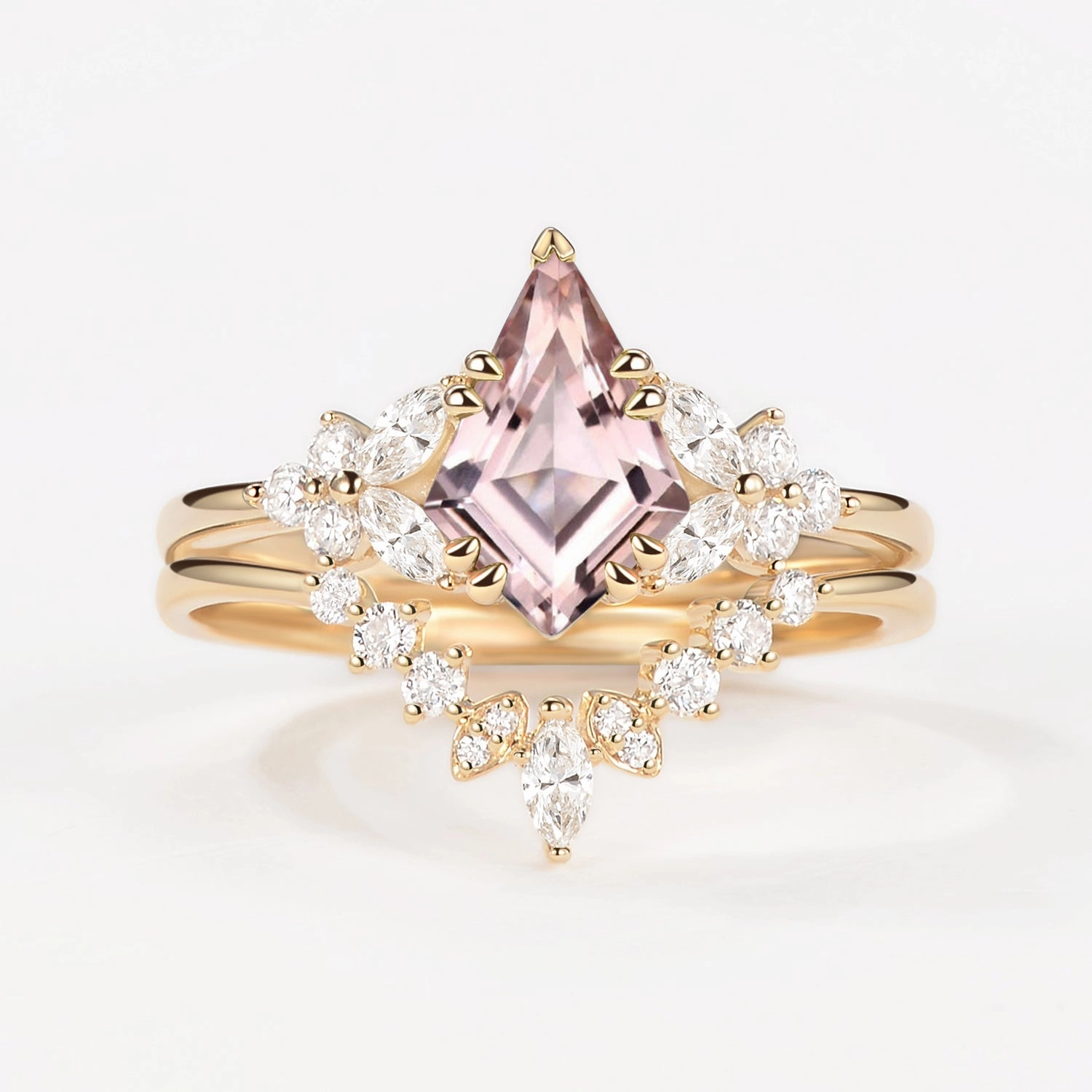 Kite Cut Morganite Flower Art-Deco Engagement Ring Set 2pcs Daily Motion