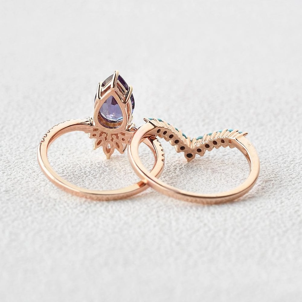 Alexandrite & Moissanite & Turquoise Yellow Gold Ring Set 2pcs Creative Detail