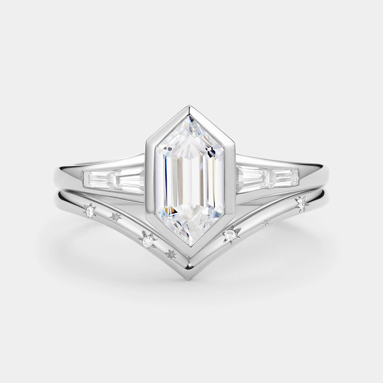 Long Hexagon Lab Grown Diamond Minimalist Bridal Ring Set 2pcs Out Of Box