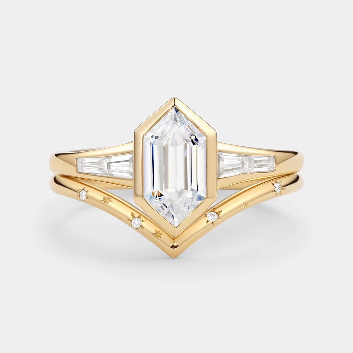 Long Hexagon Lab Grown Diamond Minimalist Bridal Ring Set 2pcs Hypoallergenic Adornment