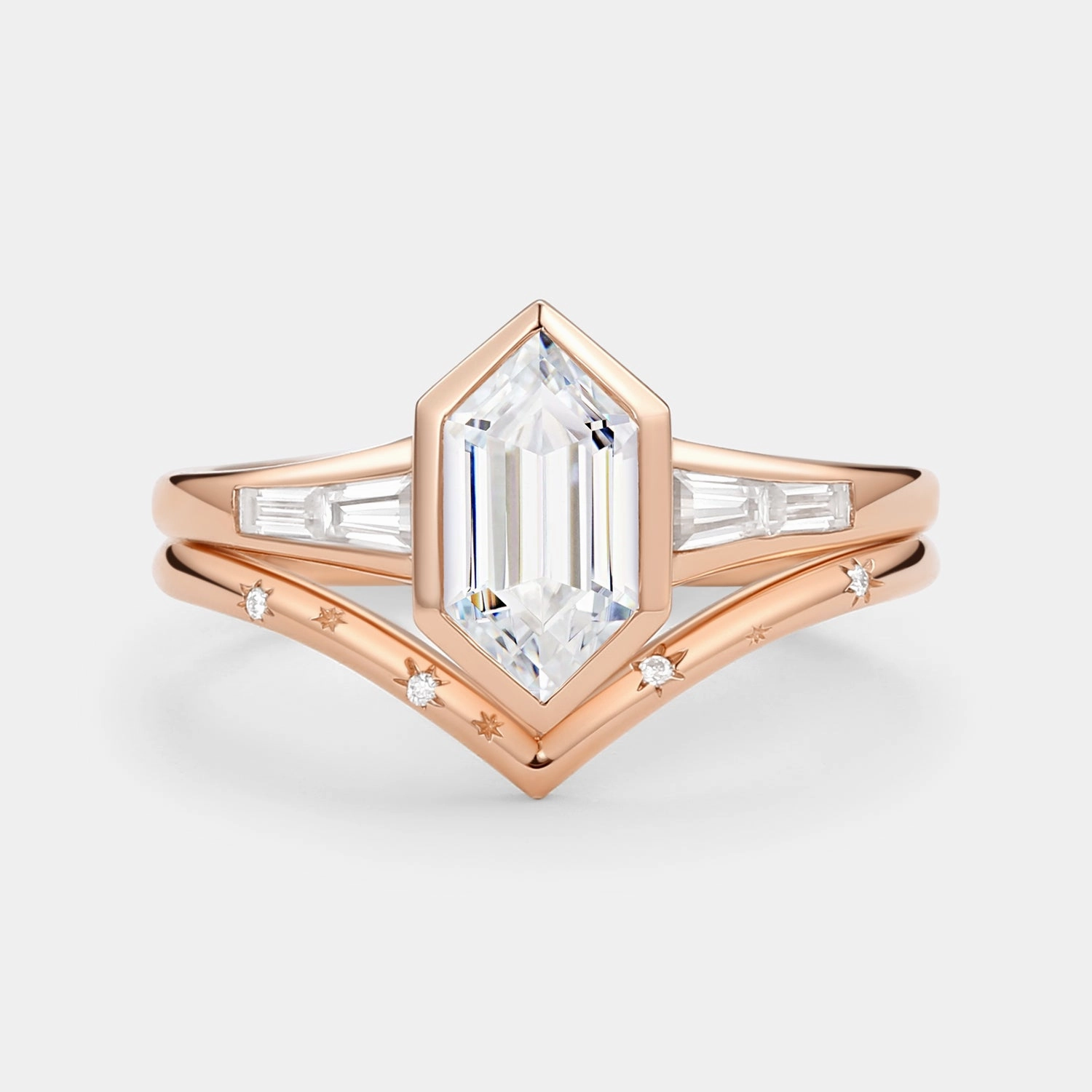 Long Hexagon Lab Grown Diamond Minimalist Bridal Ring Set 2pcs Handcrafted Ornament