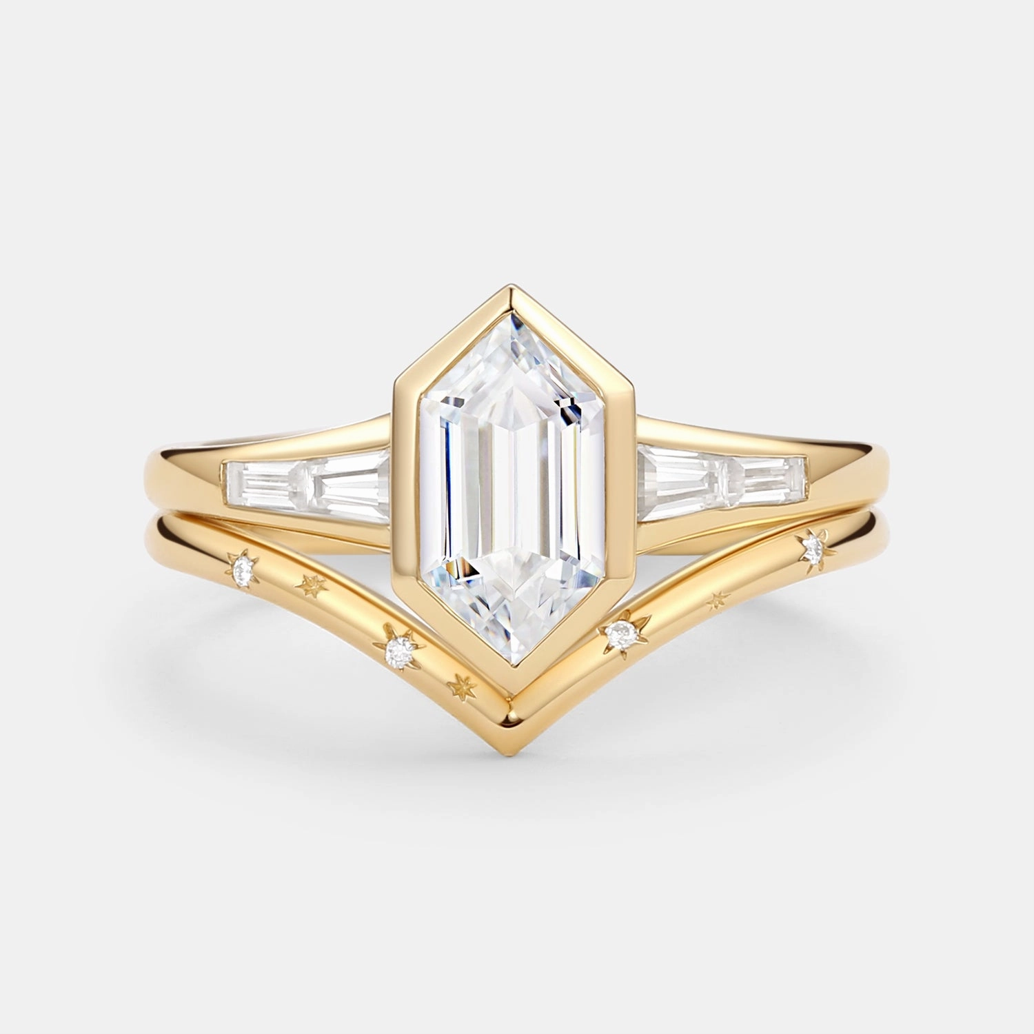 Long Hexagon Lab Grown Diamond Minimalist Bridal Ring Set 2pcs Economical Craft Unique Decoration