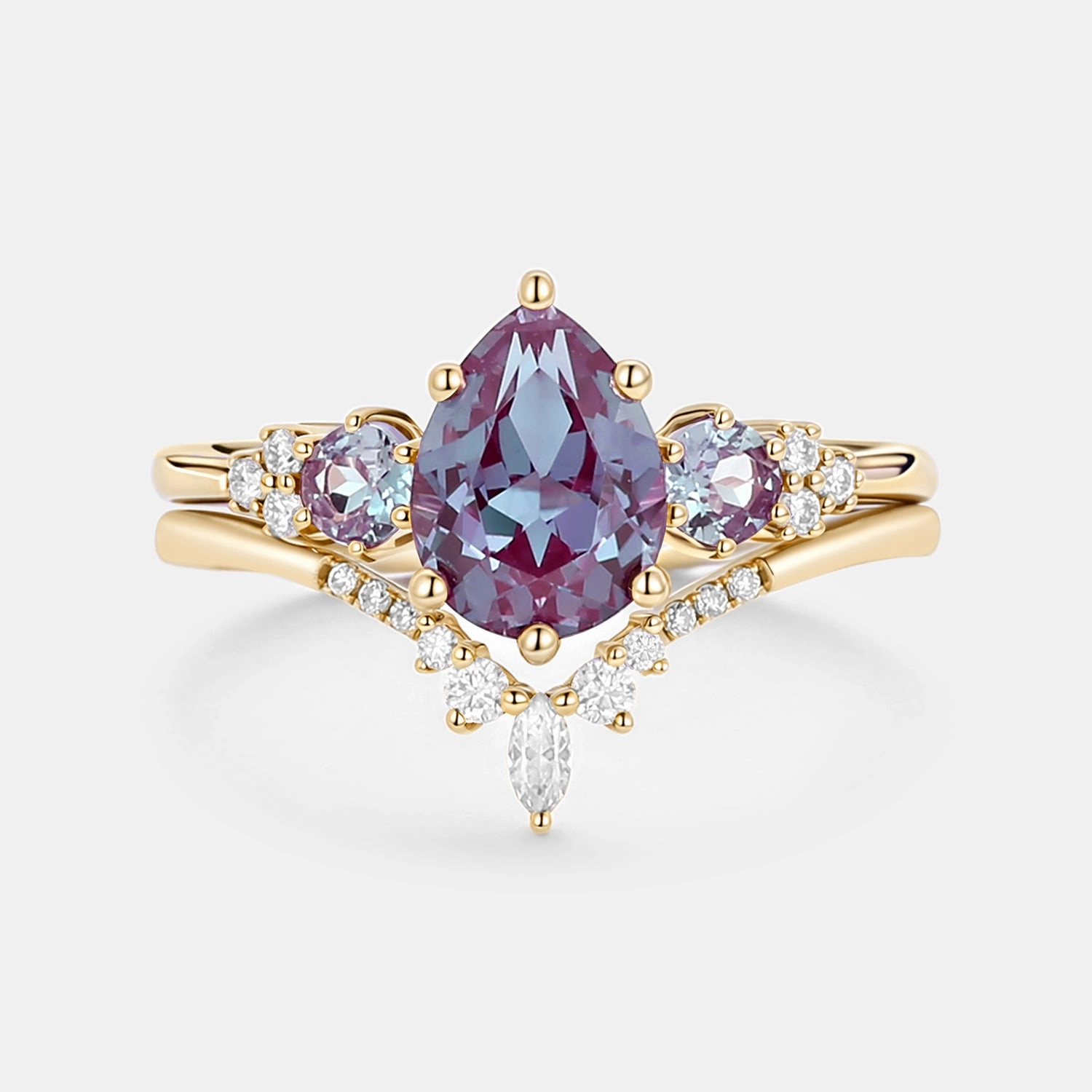 Custom Sign Sparkling Symbol Pear Shaped Alexandrite Cluster Ring Set 2pcs - Fern