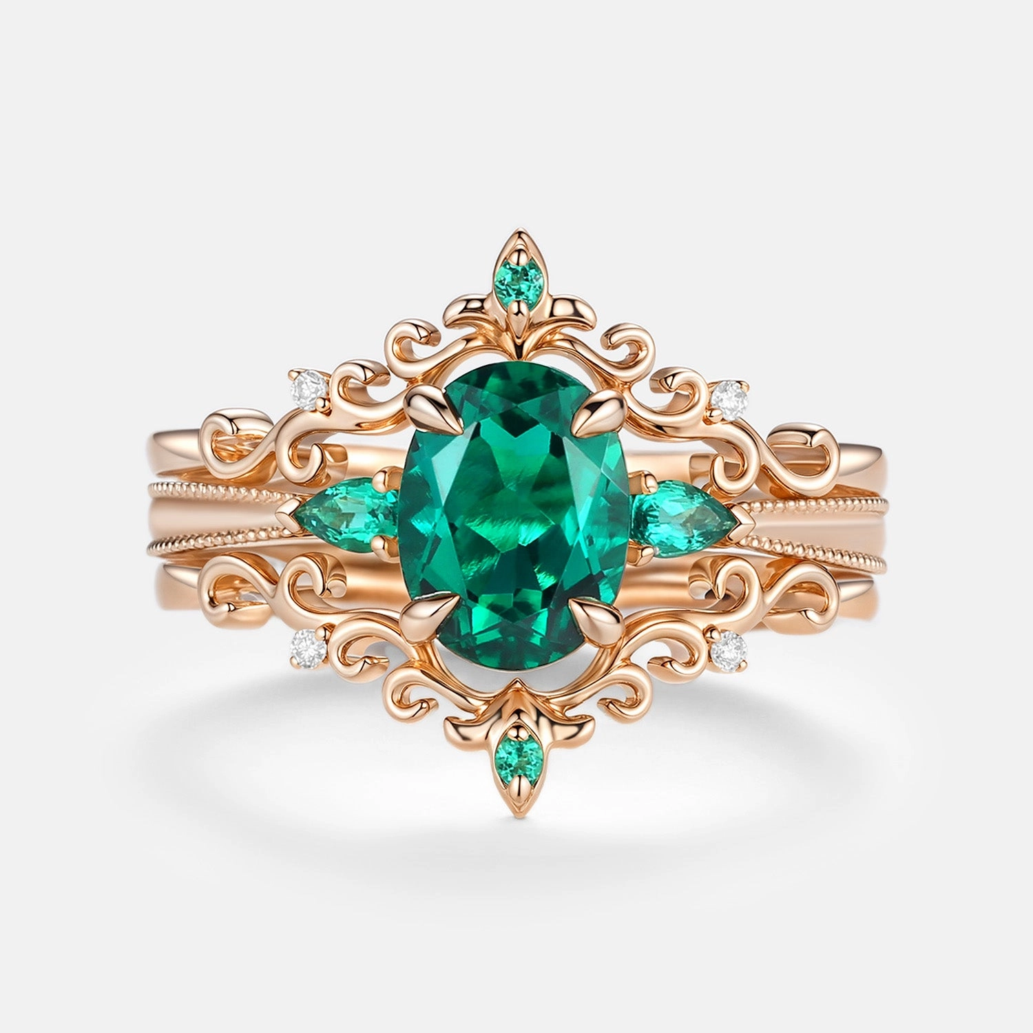 Vintage Oval Cut Lab Emerald Engagement Ring Sets 3pcs - Foliate Beautiful Product Unique Item