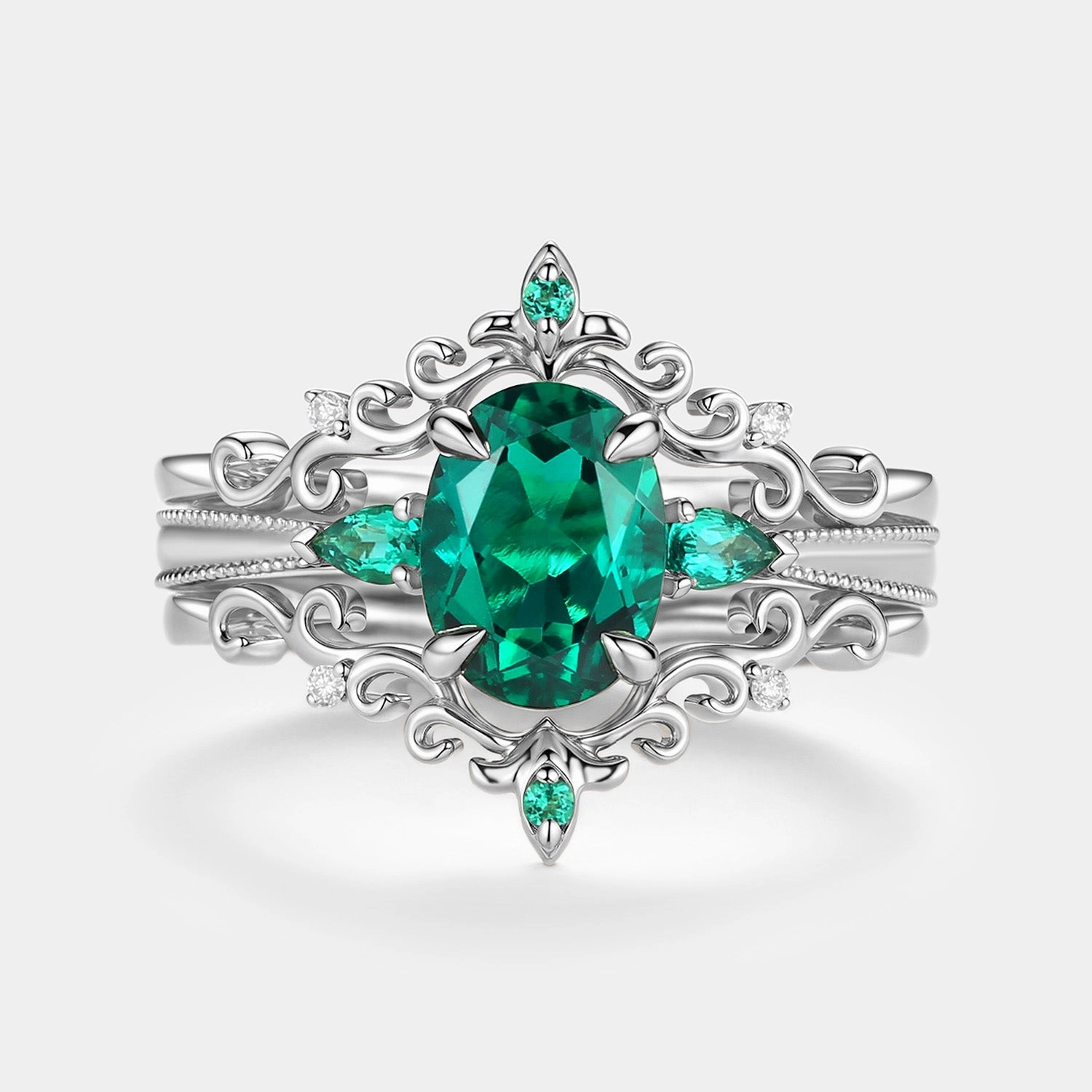 Vintage Token Fashion Revolution Vintage Oval Cut Lab Emerald Engagement Ring Sets 3pcs - Foliate