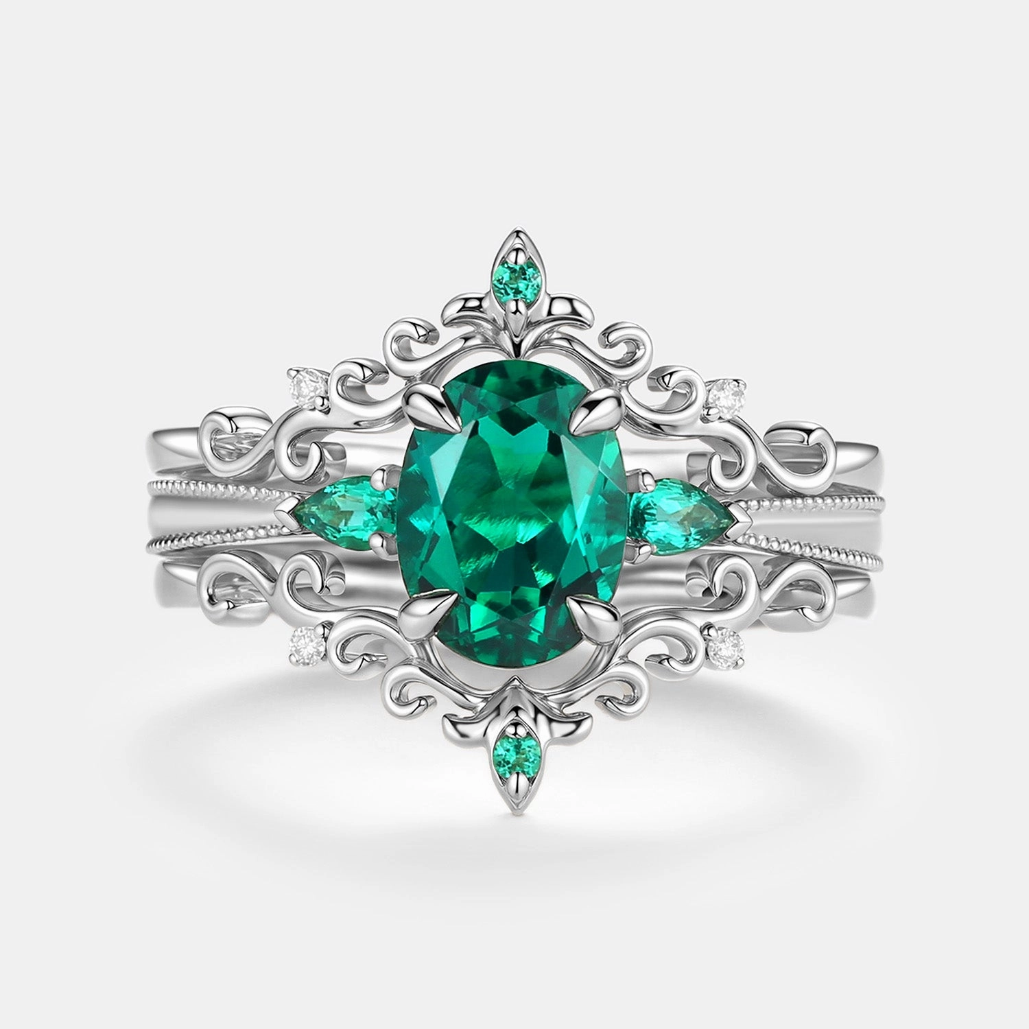 Vintage Oval Cut Lab Emerald Engagement Ring Sets 3pcs - Foliate Modern Product