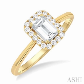 6x4 MM Octagonal Shape White Topaz and 1/6 Ctw Round Cut Diamond Halo Semi-Precious Ring in 14K Yellow Gold Cute Gift