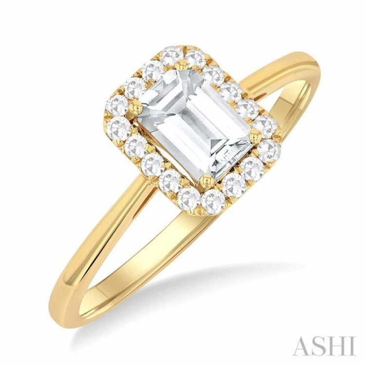 6x4 MM Octagonal Shape White Topaz and 1/6 Ctw Round Cut Diamond Halo Semi-Precious Ring in 14K Yellow Gold Cute Gift