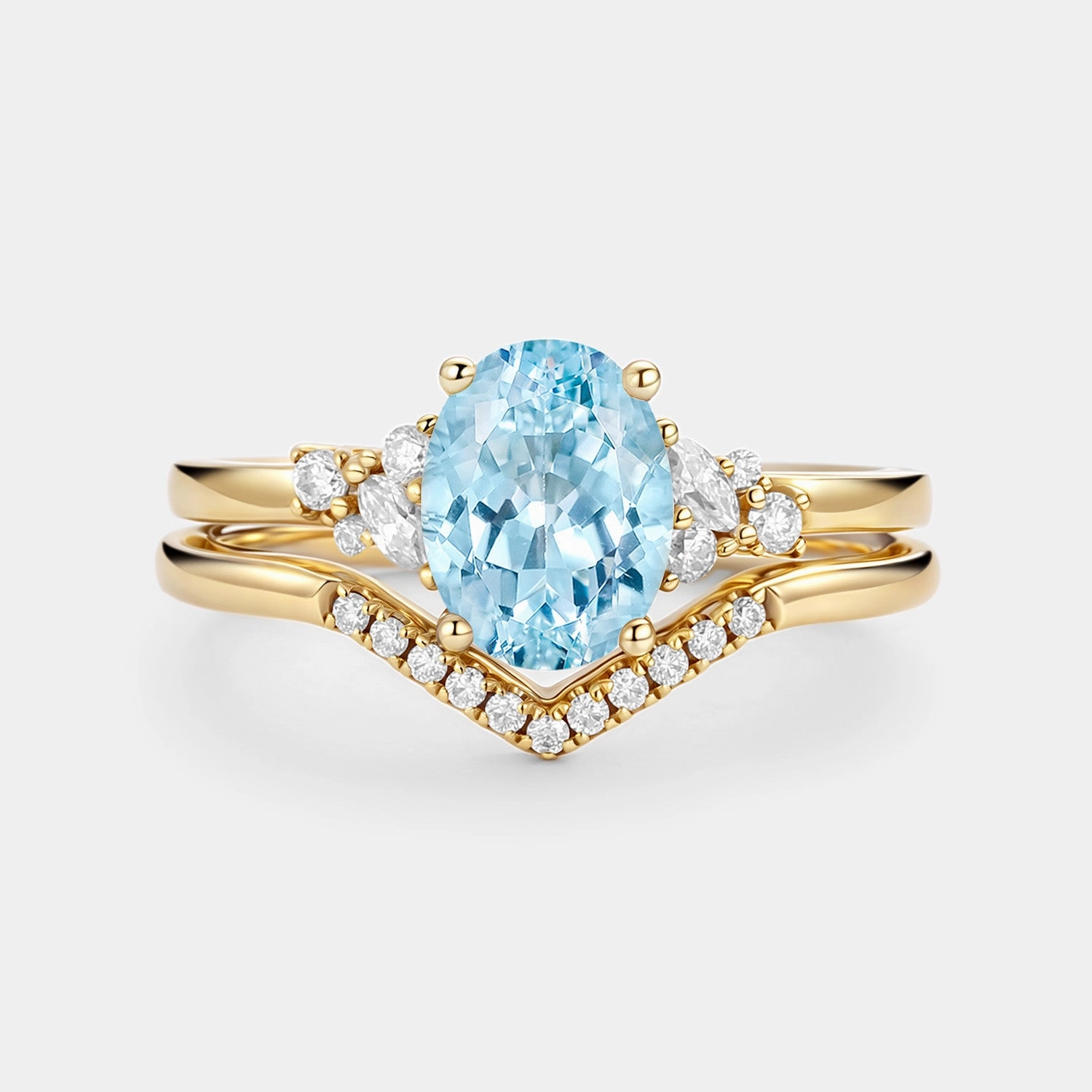 Stylish Vibe Exclusive Craft Oval Cut Aquamarine Classic Cluster Gold Ring Set 2pcs - Neptuna