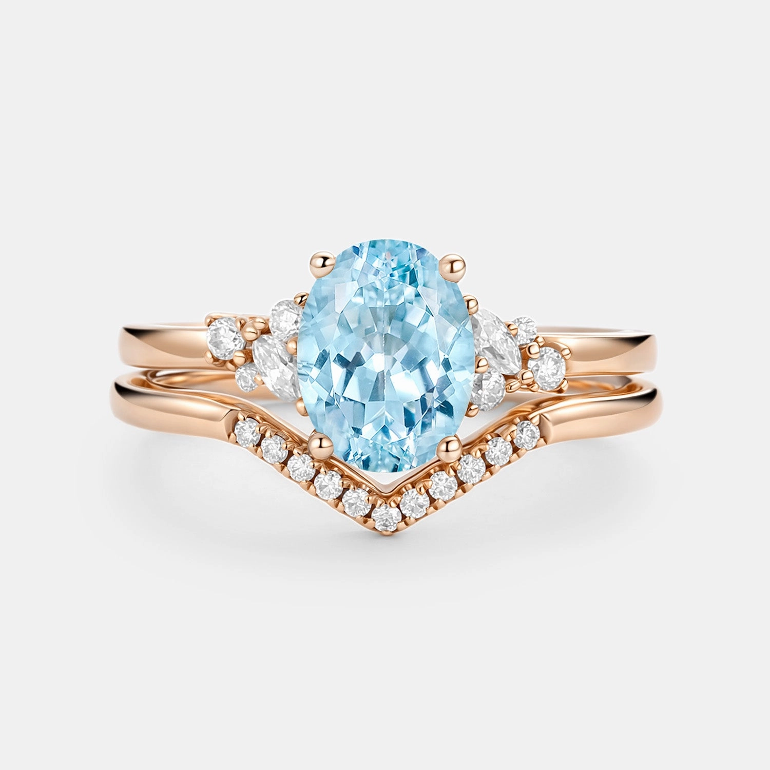 Creative Finish Oval Cut Aquamarine Classic Cluster Gold Ring Set 2pcs - Neptuna