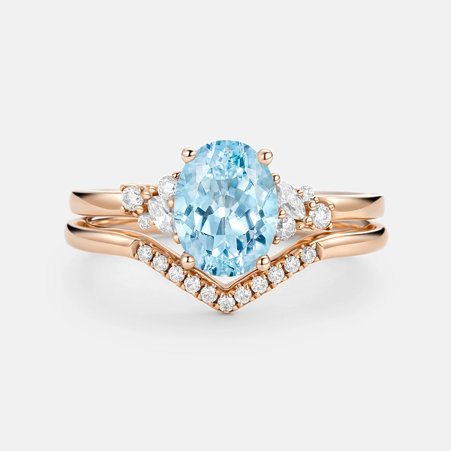 Oval Cut Aquamarine Classic Cluster Gold Ring Set 2pcs - Neptuna comfortable accessory Artisan Gift
