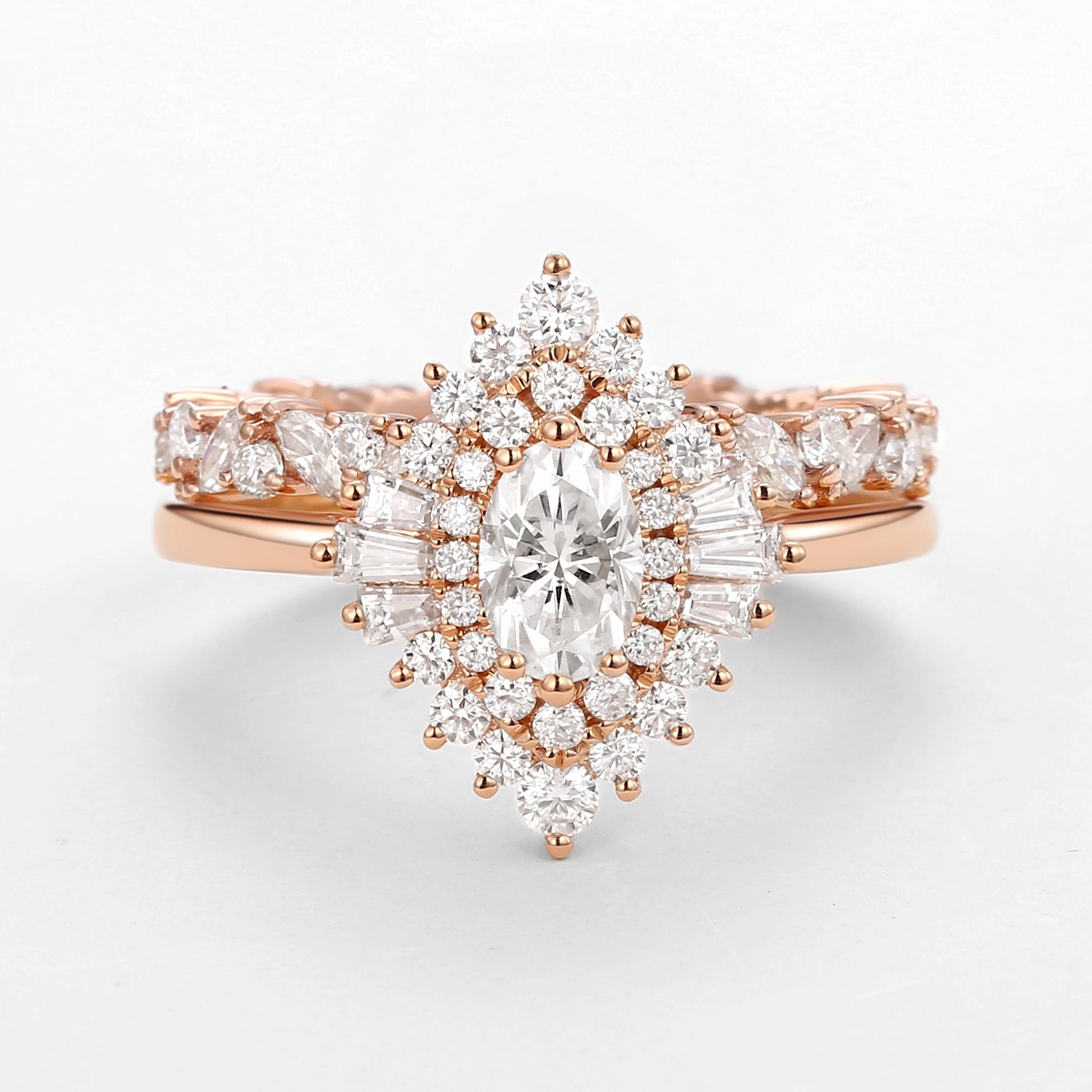 Cool Layer Bright Pop Oval Cut Art Deco Moissanite Minimalist Halo Ring Set 2pcs - Valerie