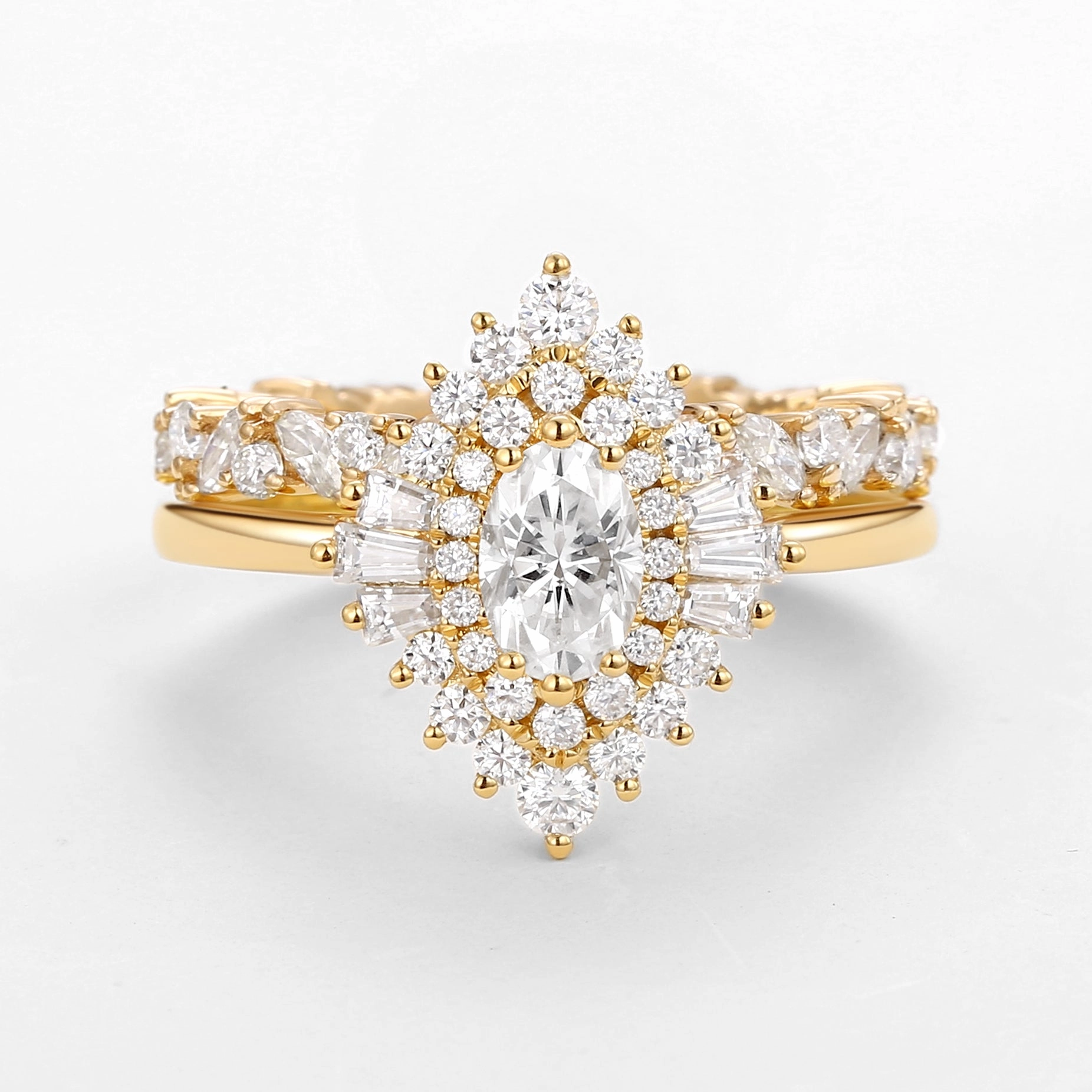 Oval Cut Art Deco Moissanite Minimalist Halo Ring Set 2pcs - Valerie Fashion Form Glam Focus