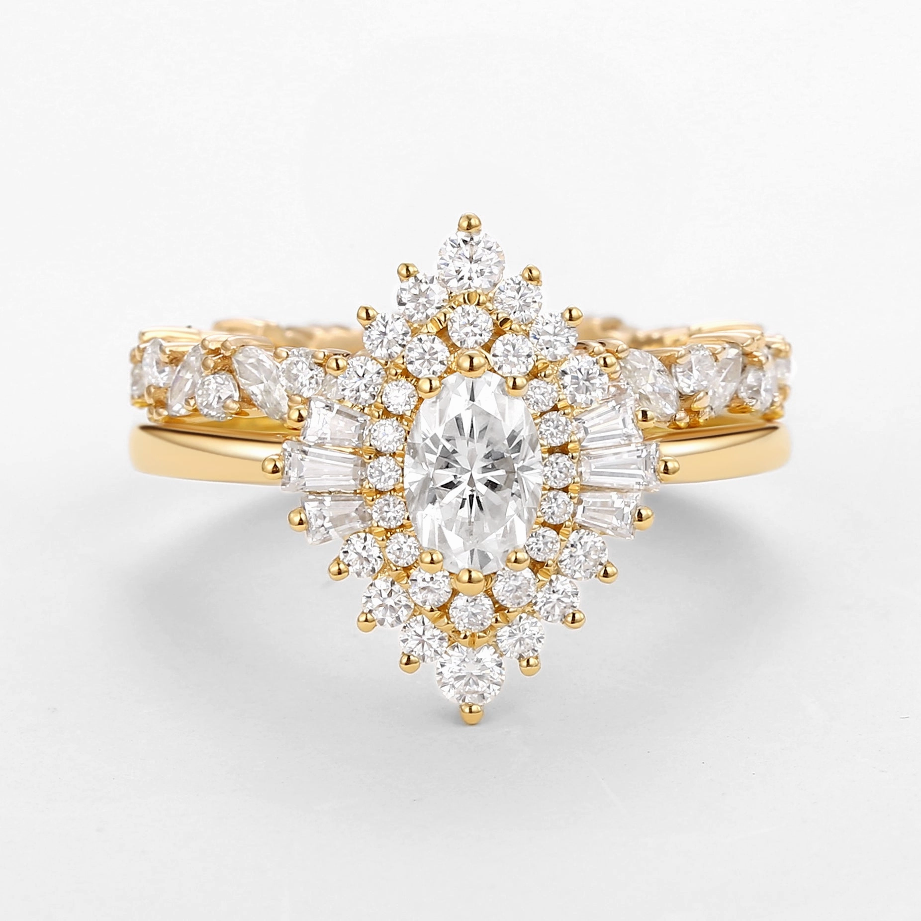 Oval Cut Art Deco Moissanite Minimalist Halo Ring Set 2pcs - Valerie Sophisticated Design Essential Present