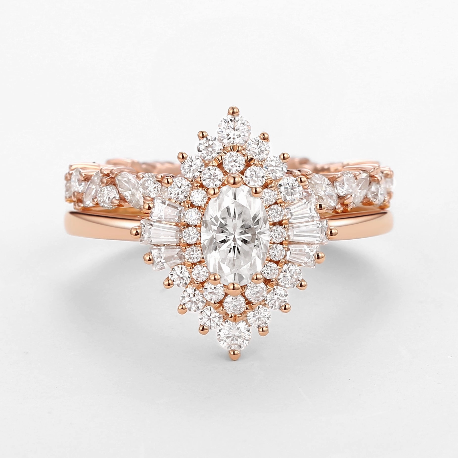 Oval Cut Art Deco Moissanite Minimalist Halo Ring Set 2pcs - Valerie Glamour Accent Formal Layer