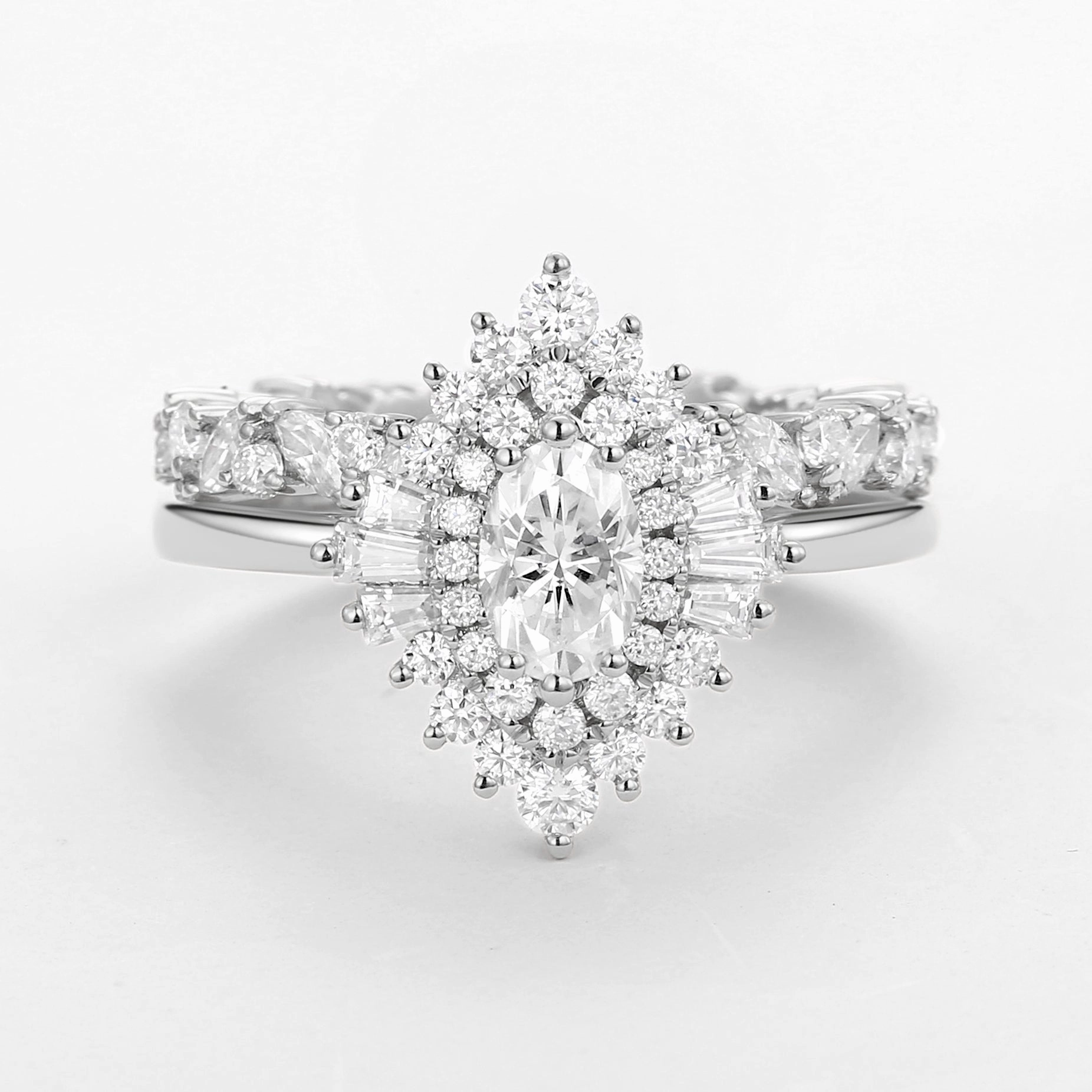 Luxurious Accent Oval Cut Art Deco Moissanite Minimalist Halo Ring Set 2pcs - Valerie