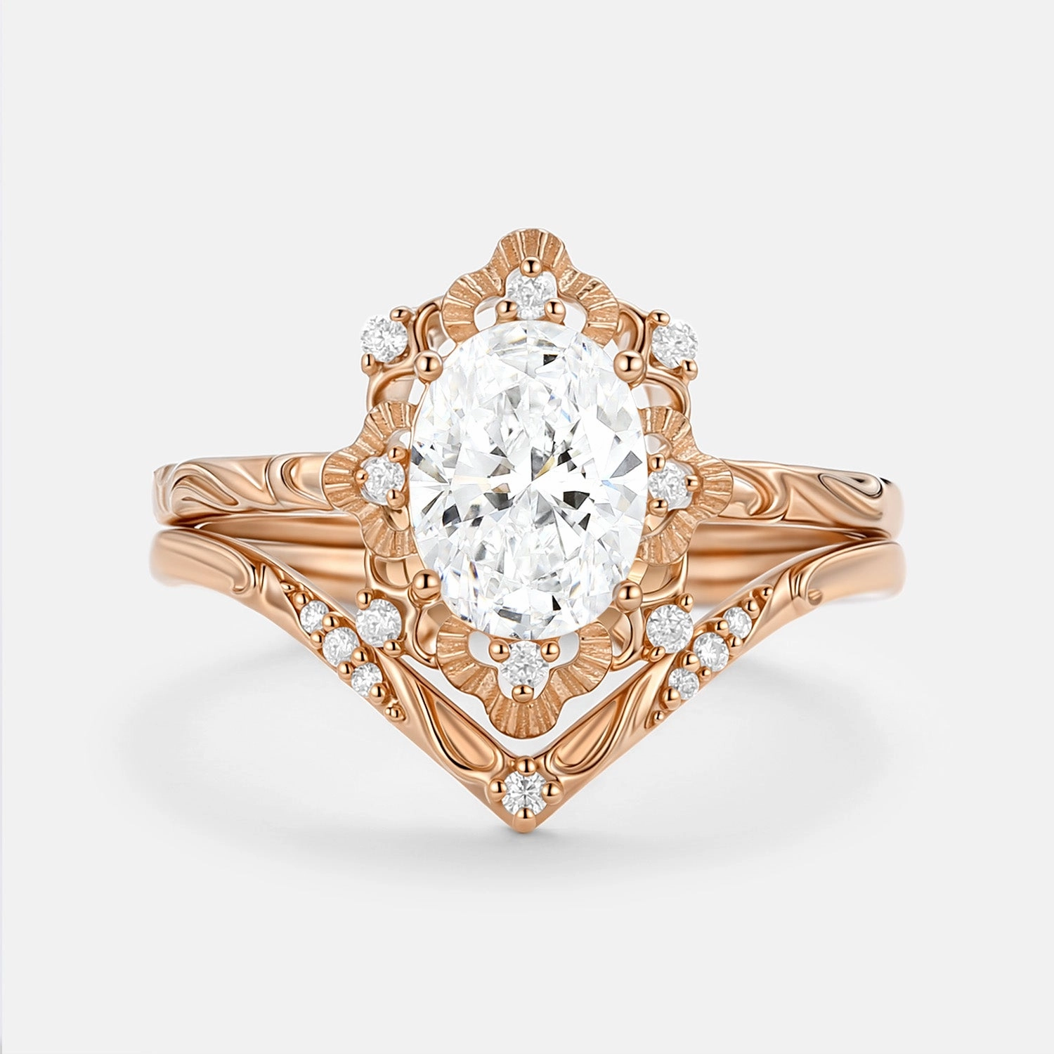 Oval Cut Engraved Lab Grown Diamond Vintage Ring Set 2pcs - Velvet Comfortable Object