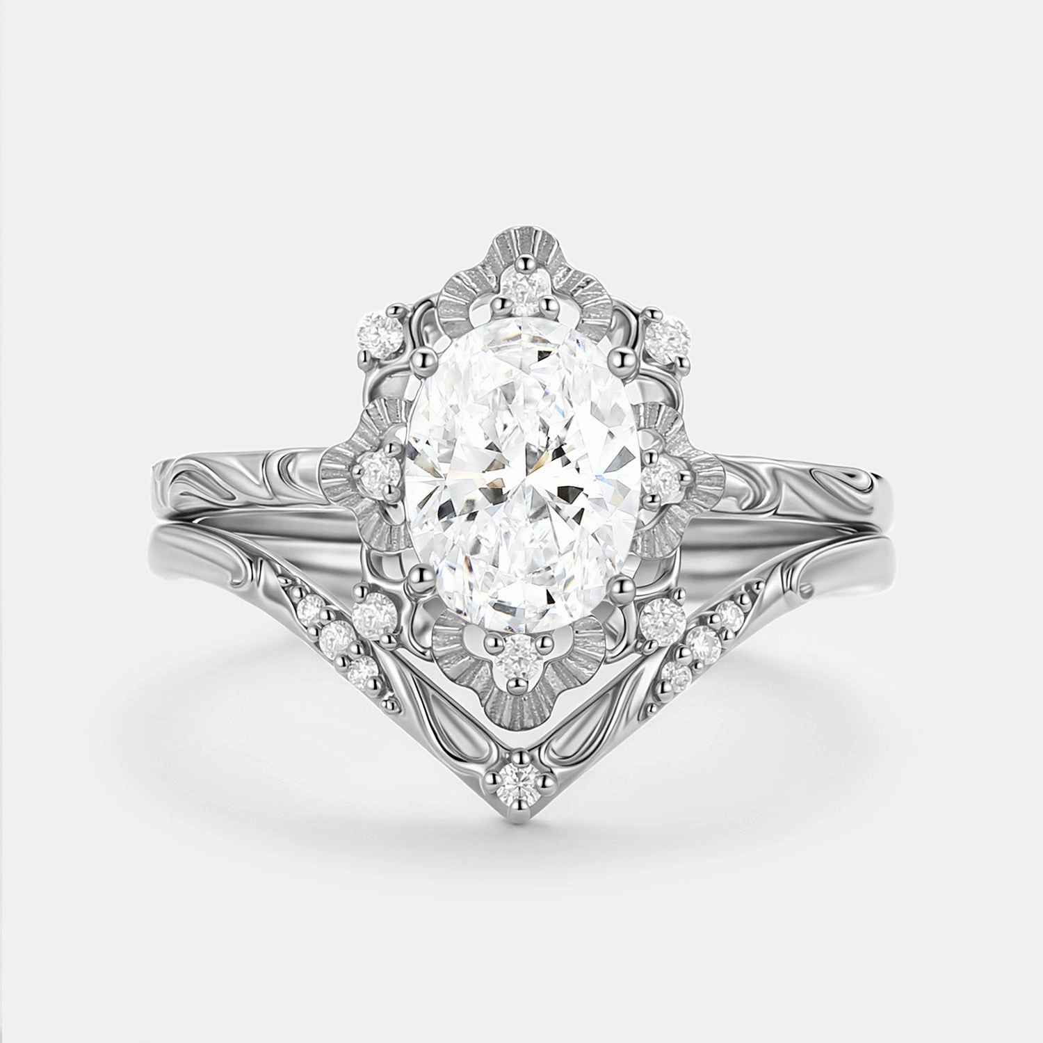 Unbendable Piece Shared Experience Oval Cut Engraved Lab Grown Diamond Vintage Ring Set 2pcs - Velvet