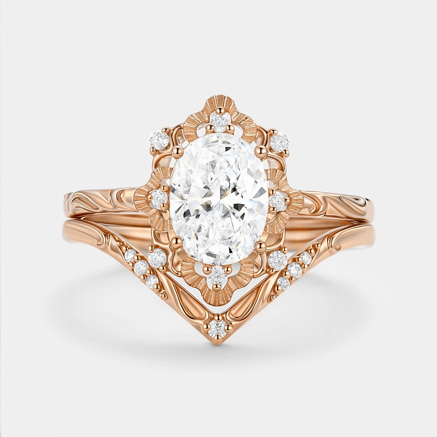 Oval Cut Engraved Lab Grown Diamond Vintage Ring Set 2pcs - Velvet Daily Balance