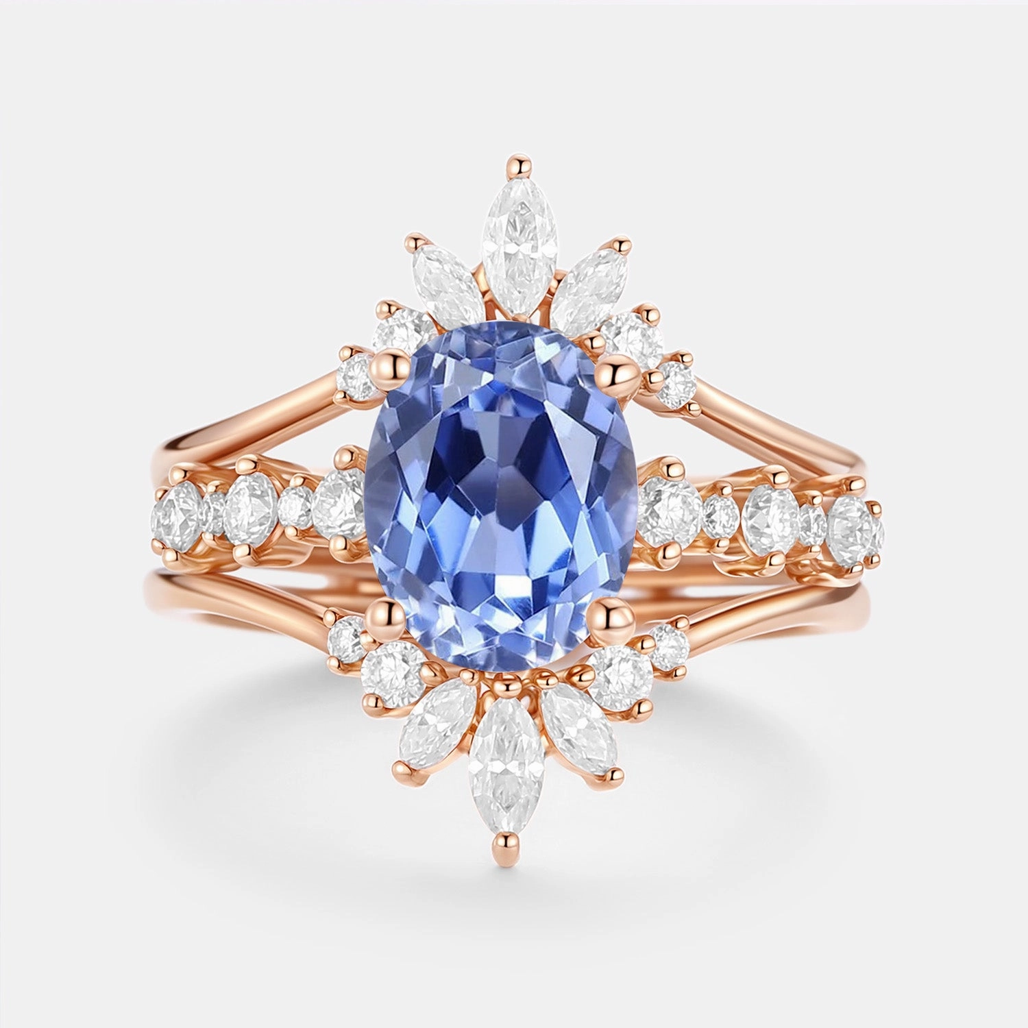 Oval Cut Lab Cornflower Sapphire Cluster Ring Set 3pcs Personal Accessory Digital Component