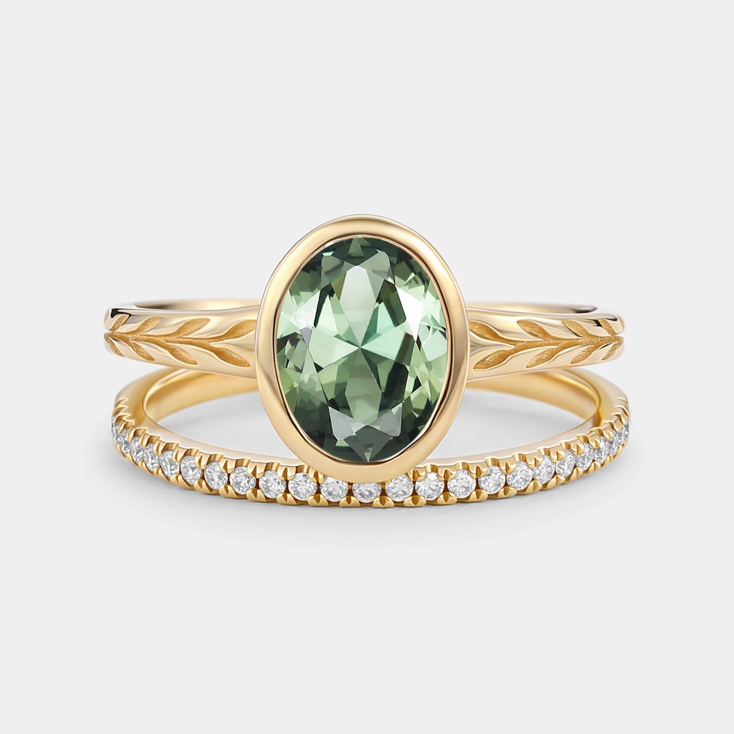 Oval Cut Lab Green Sapphire Bezel Engagement Ring Set 2pcs True Touch Handcrafted Jewelry Finish