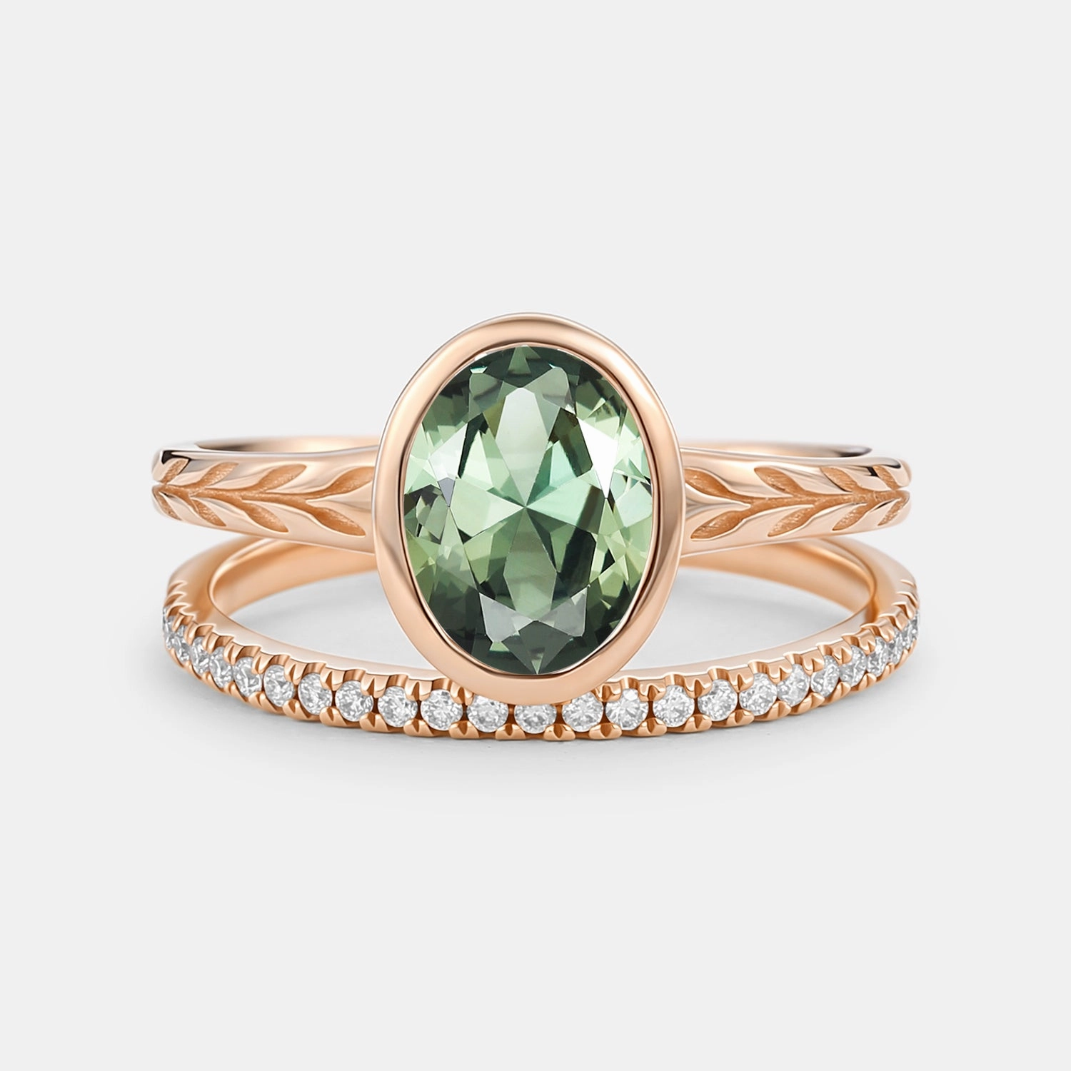 Oval Cut Lab Green Sapphire Bezel Engagement Ring Set 2pcs Subtle Form