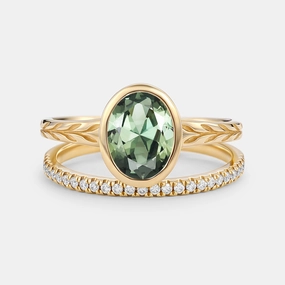 Oval Cut Lab Green Sapphire Bezel Engagement Ring Set 2pcs True Touch Handcrafted Jewelry Finish