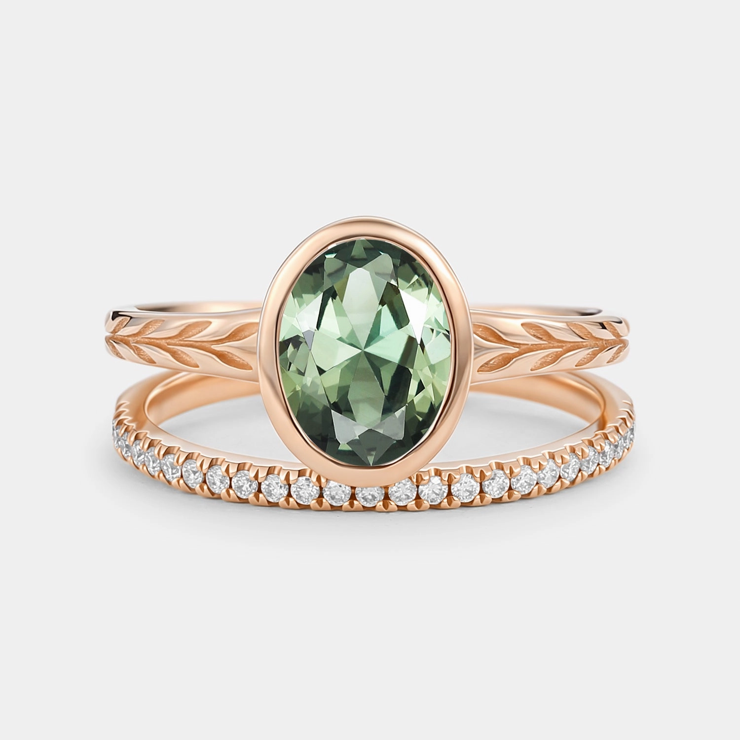 Oval Cut Lab Green Sapphire Bezel Engagement Ring Set 2pcs Sleek Appearance Minimalist Art