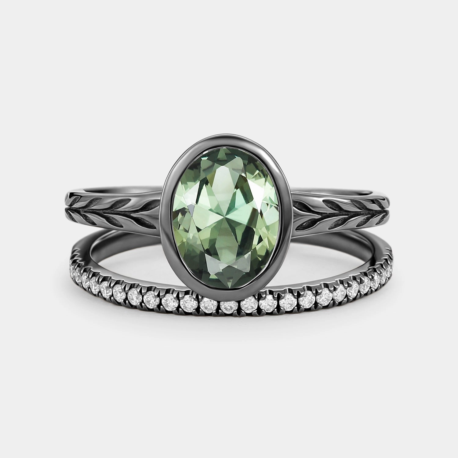 Simple Form Oval Cut Lab Green Sapphire Bezel Engagement Ring Set 2pcs