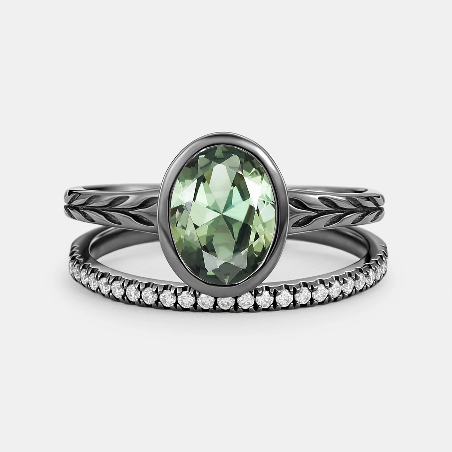 Stylish Gift Subtle tone Oval Cut Lab Green Sapphire Bezel Engagement Ring Set 2pcs