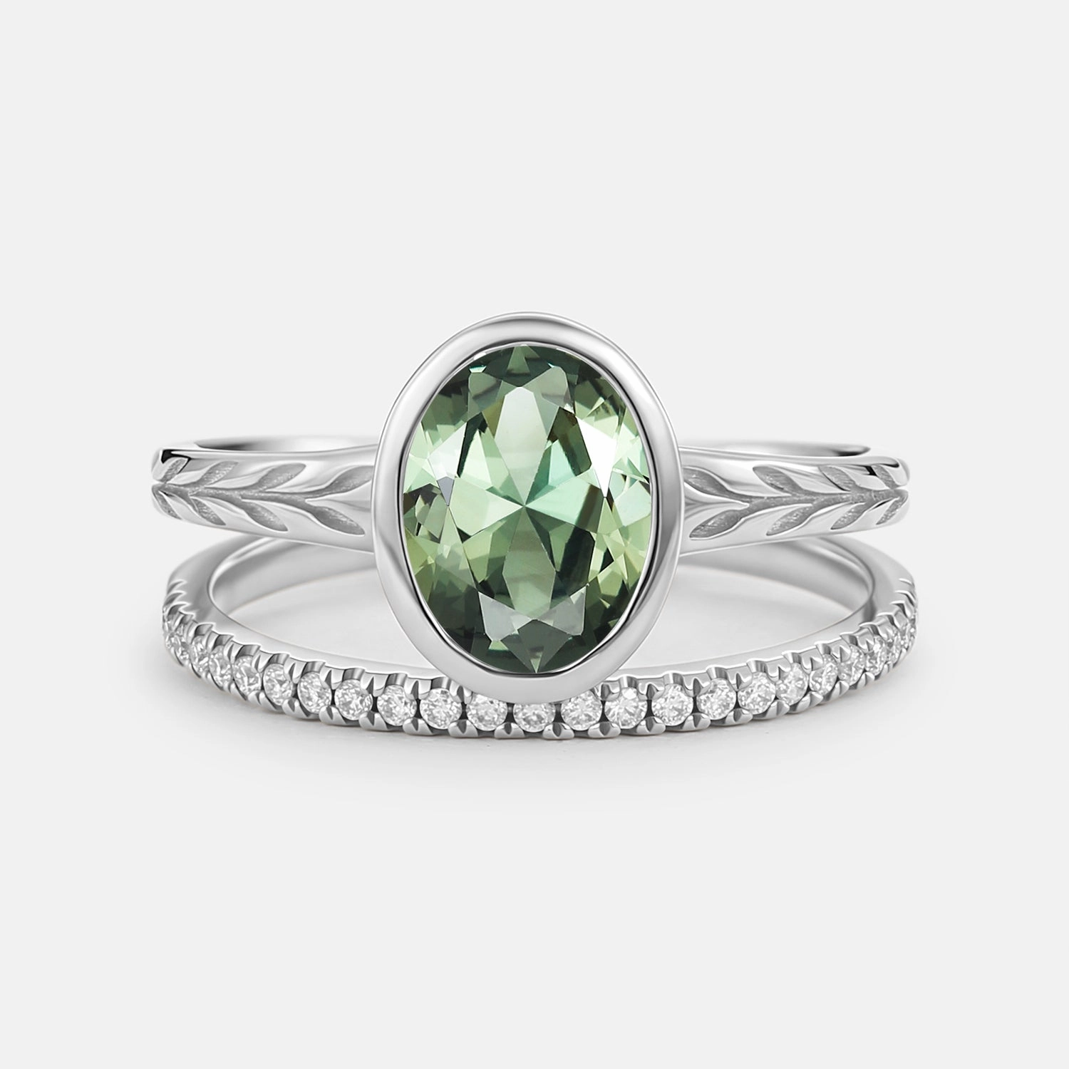 Oval Cut Lab Green Sapphire Bezel Engagement Ring Set 2pcs Brilliant Style