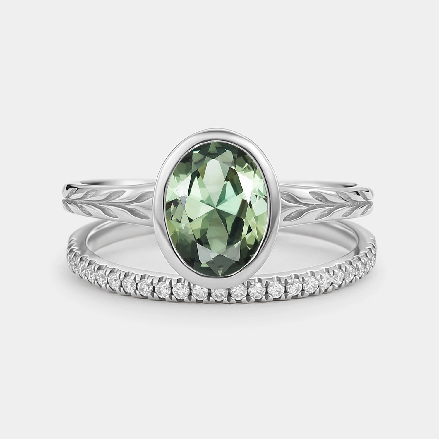 unique touch Trendy Accessory Oval Cut Lab Green Sapphire Bezel Engagement Ring Set 2pcs