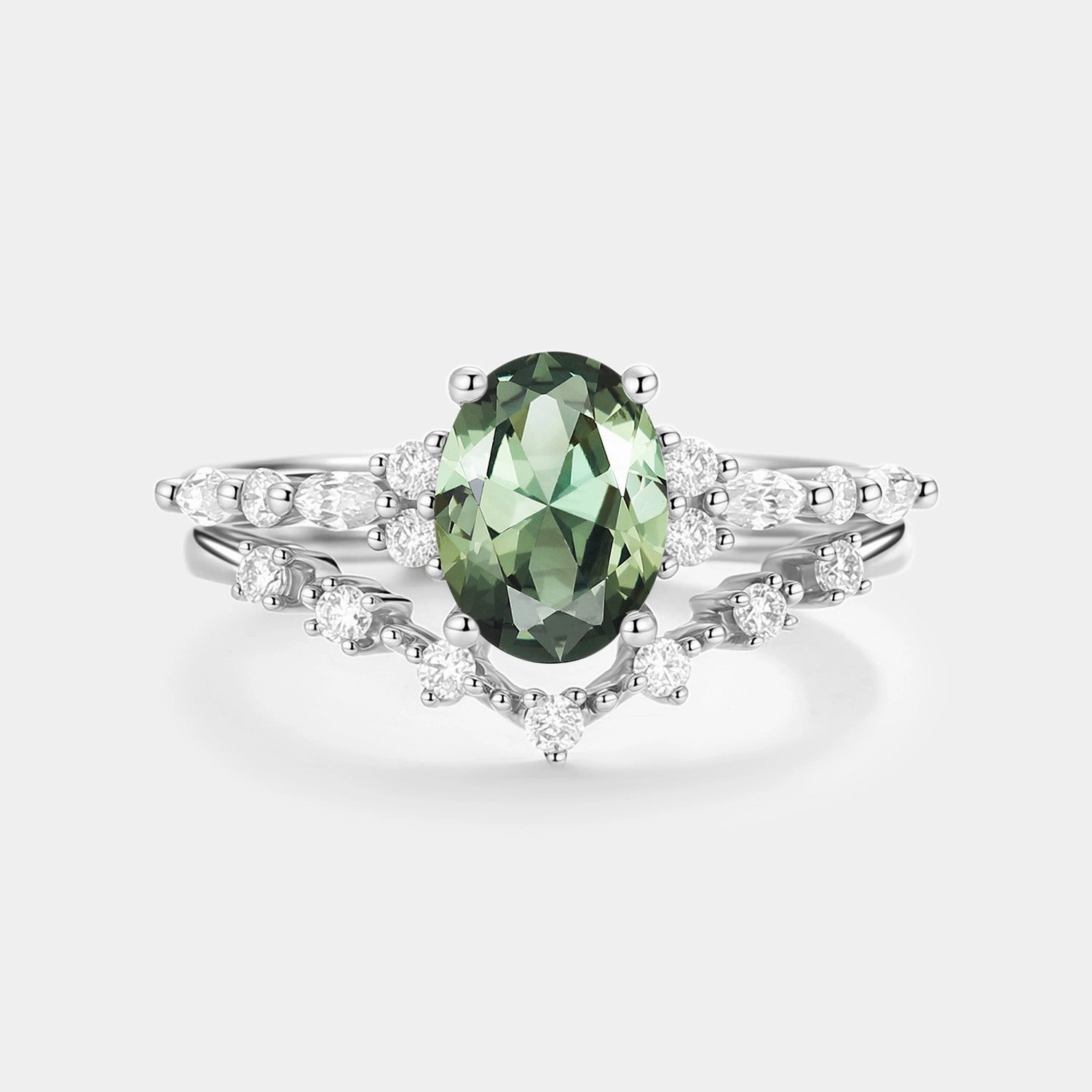 Oval Cut Lab Green Sapphire Classic Engagement Ring Set 2pcs Sturdy Item