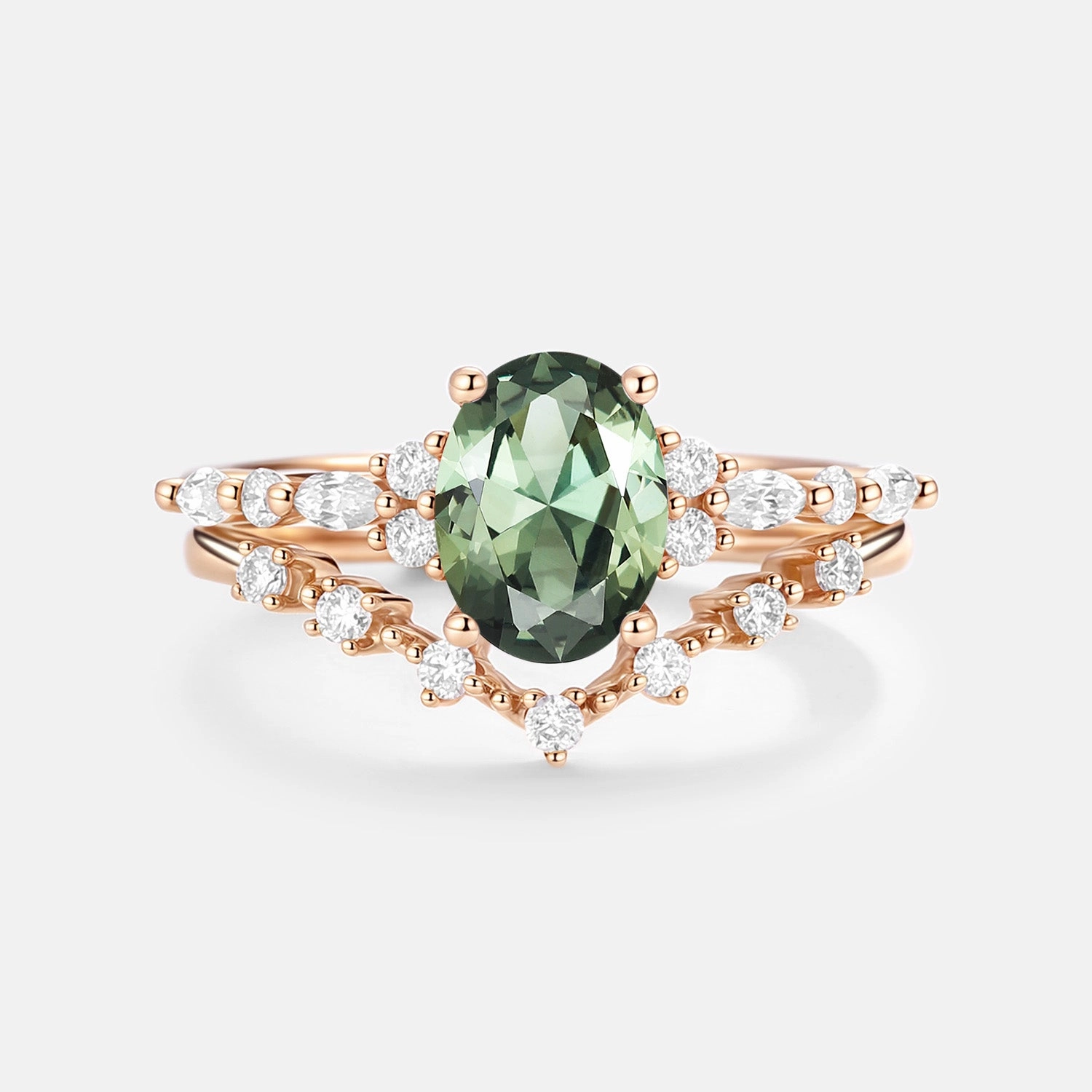 Oval Cut Lab Green Sapphire Classic Engagement Ring Set 2pcs Daily Radiance Glistening Detail