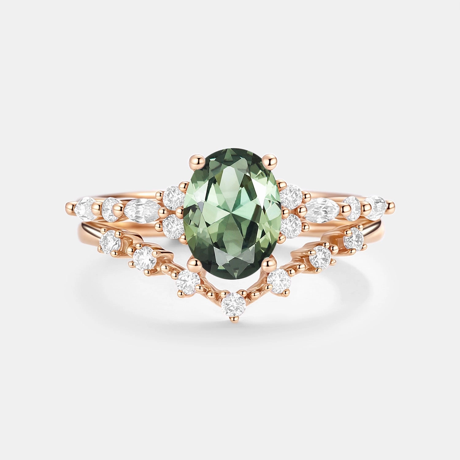 Oval Cut Lab Green Sapphire Classic Engagement Ring Set 2pcs Elegant Shine Finish