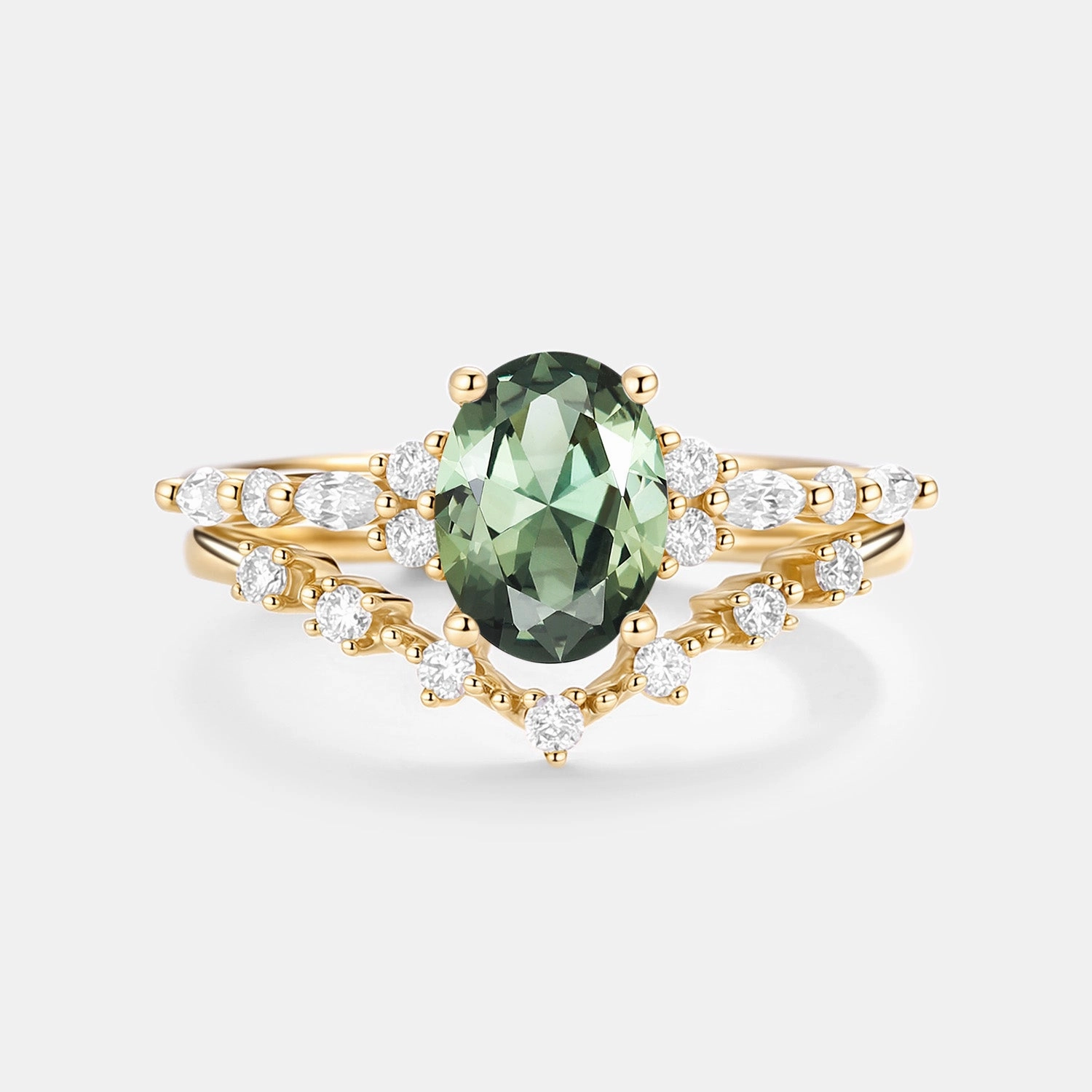 Oval Cut Lab Green Sapphire Classic Engagement Ring Set 2pcs Casual Detail See Through